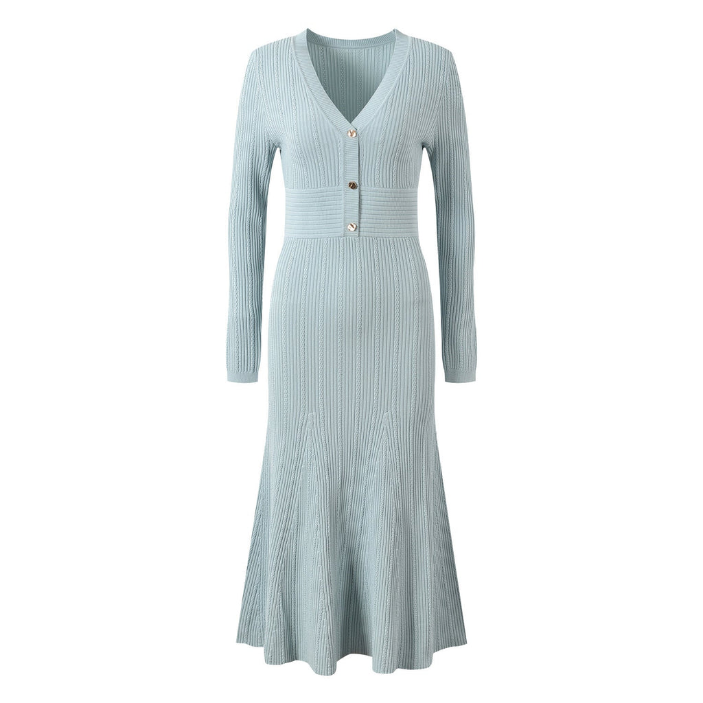 Dress - Tailored Fit - V - Neck Button Detail - Flared Skirt - Ribbed Knit Fabric