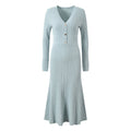 Dress - Tailored Fit - V - Neck Button Detail - Flared Skirt - Ribbed Knit Fabric