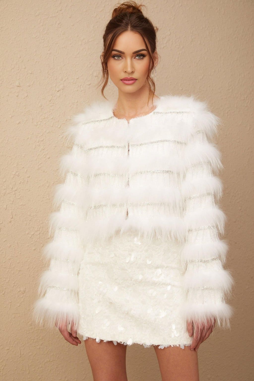 Dylan Jacket - Padded Design - Raccoon Dog Fur Detailing - Fringed Crystal Embellishment - Cropped Silhouette