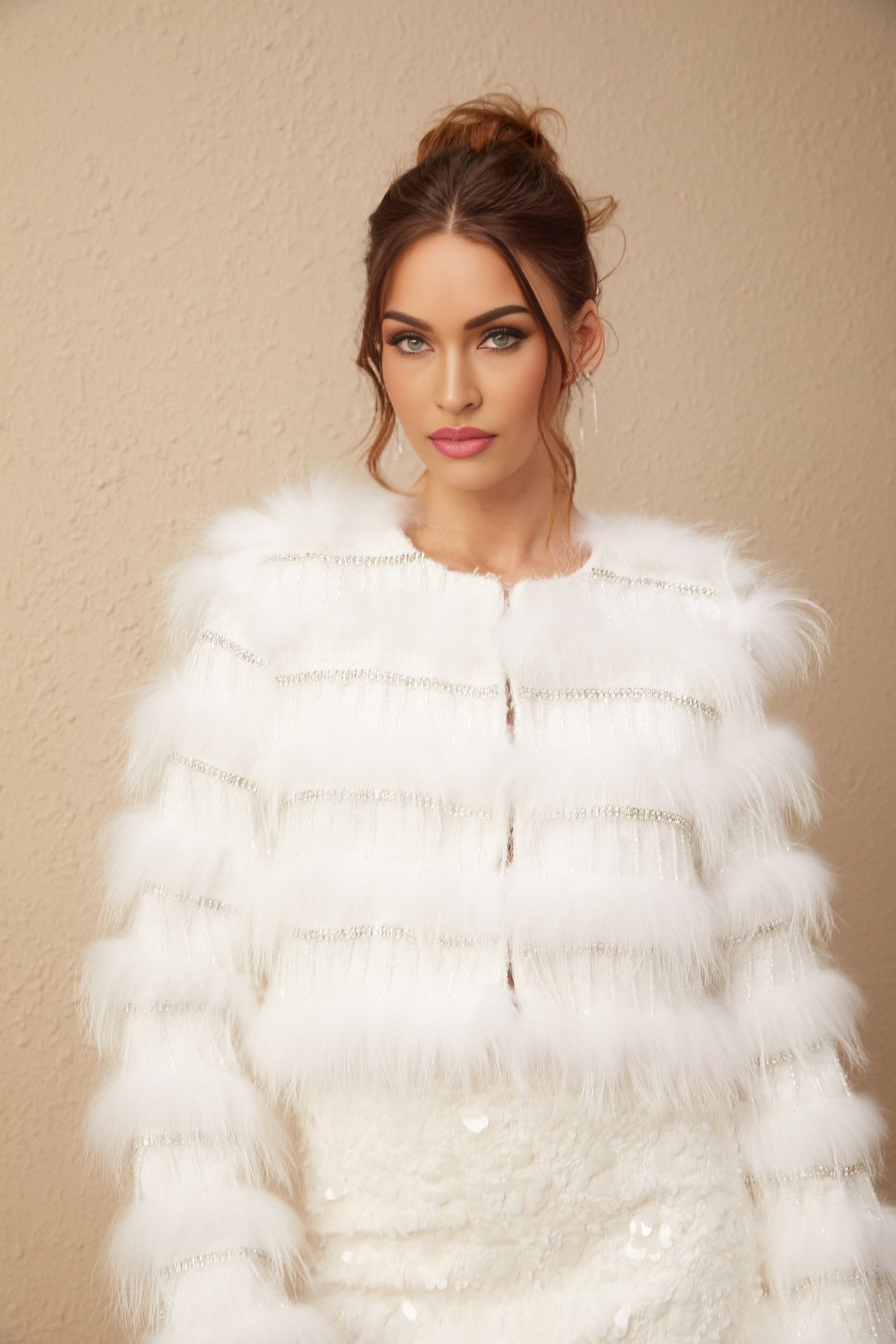 Dylan Jacket - Padded Design - Raccoon Dog Fur Detailing - Fringed Crystal Embellishment - Cropped Silhouette