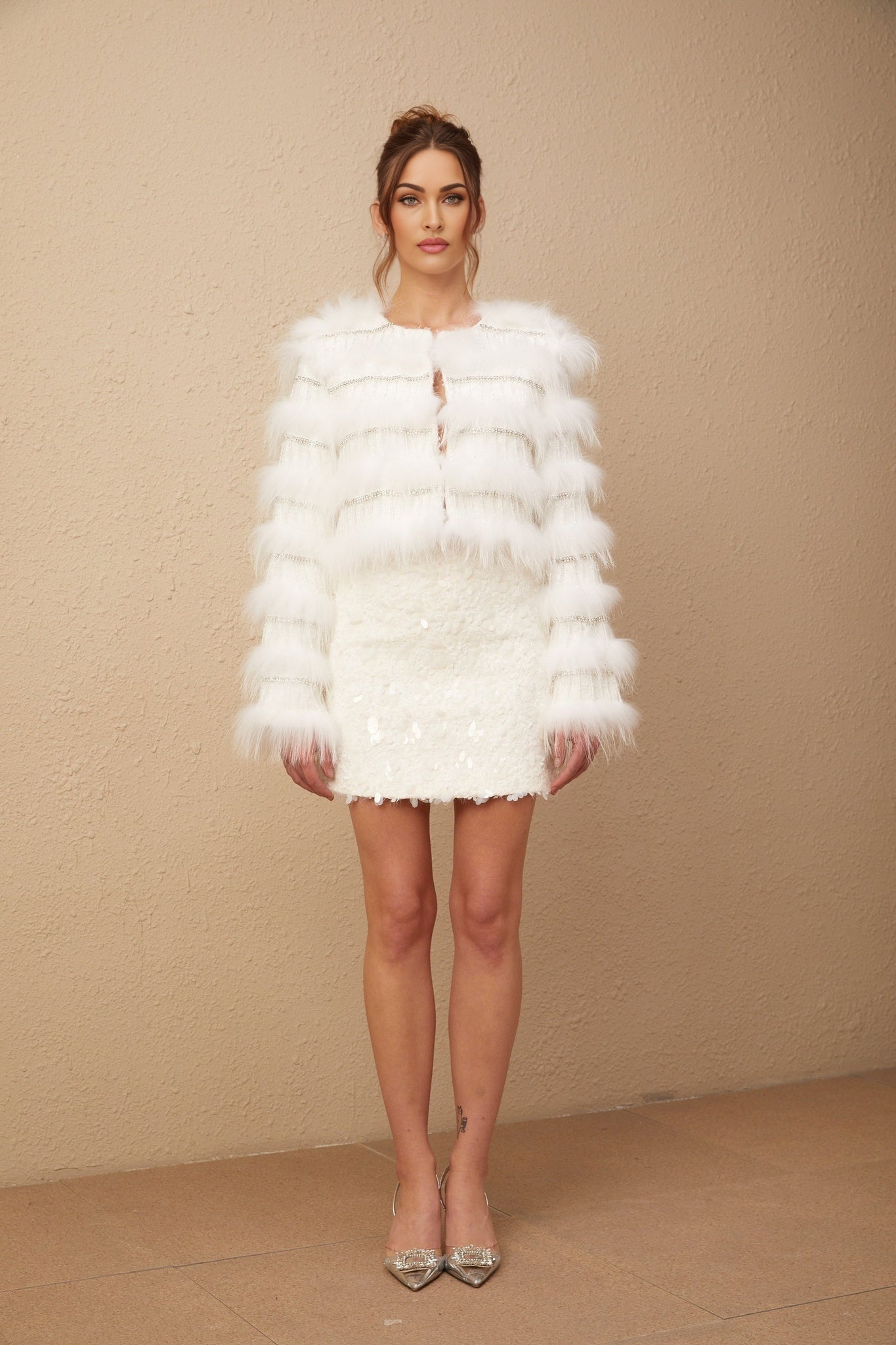 Dylan Jacket - Padded Design - Raccoon Dog Fur Detailing - Fringed Crystal Embellishment - Cropped Silhouette