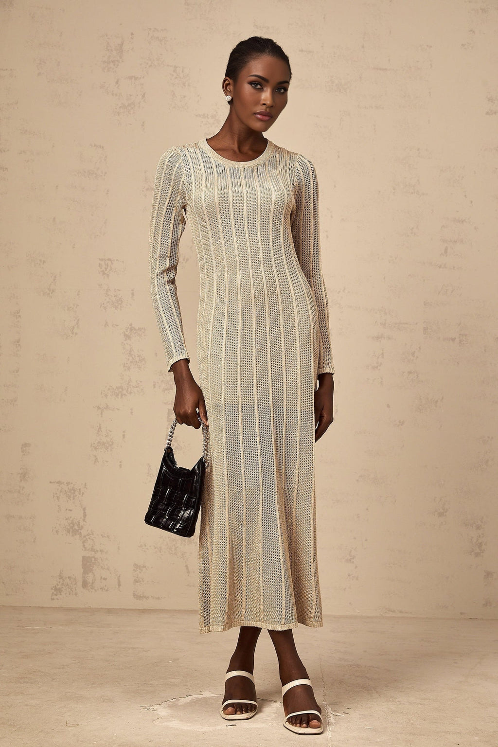 Dylan Midi Dress - Round Neck - Long Sleeves - Knitted Construction - Fitted Silhouette