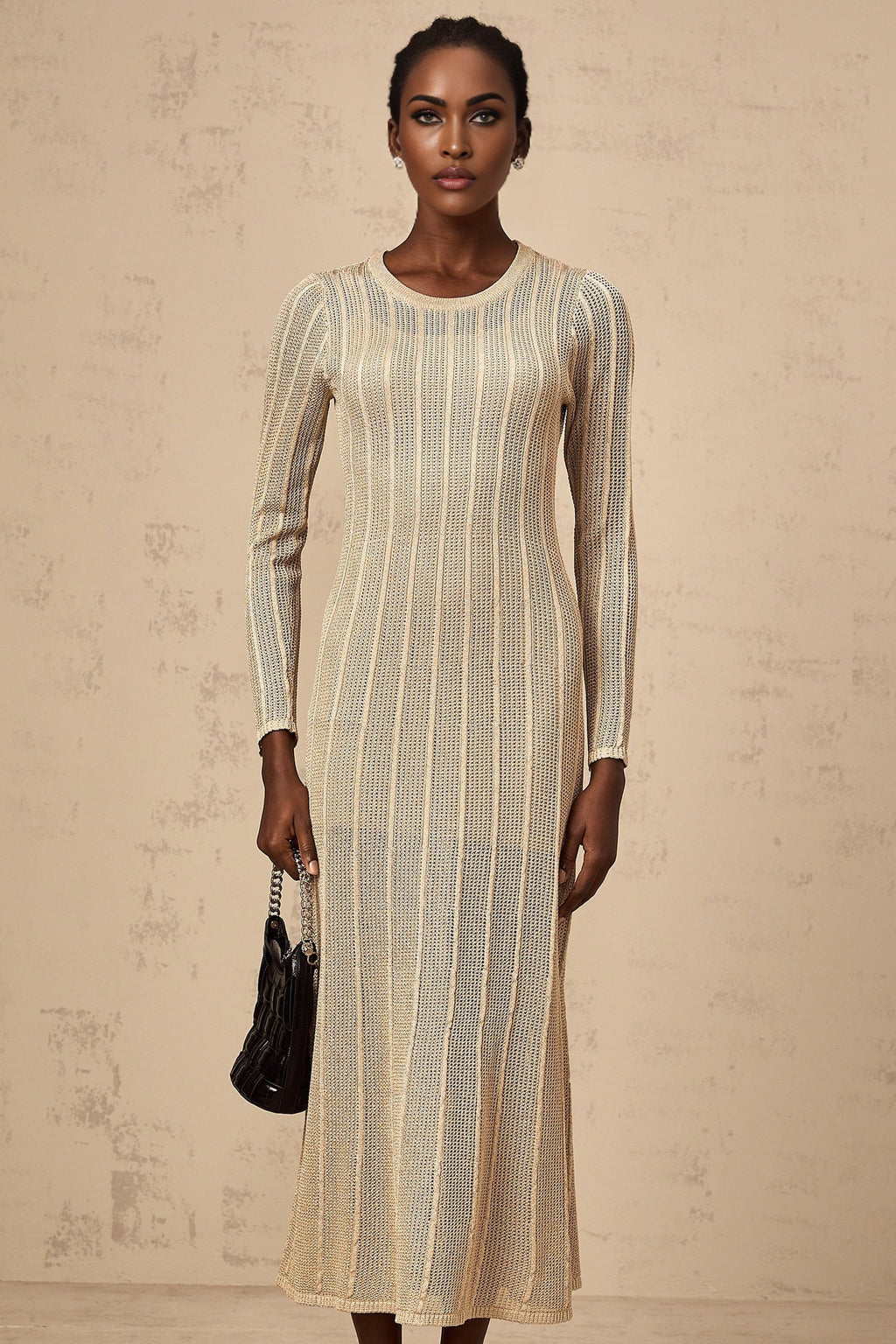 Dylan Midi Dress - Round Neck - Long Sleeves - Knitted Construction - Fitted Silhouette