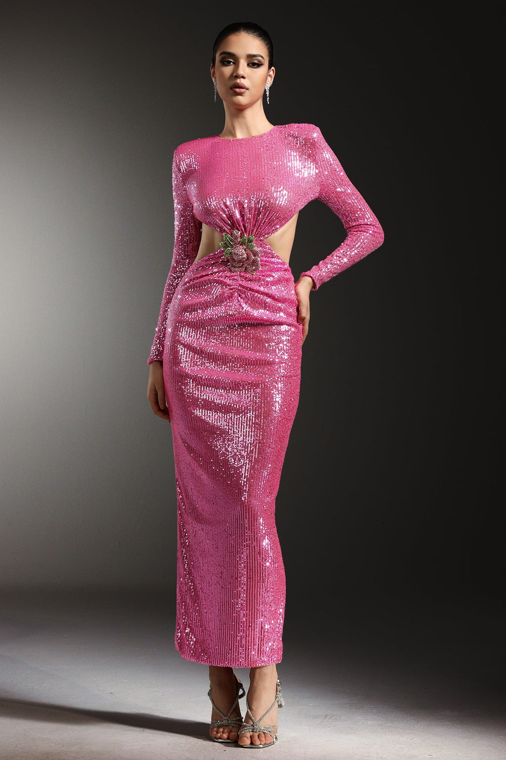 Dylan Pink Sequin Maxi Dress with Hollow Out Design and Floral Embellishment