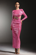 Dylan Pink Sequin Maxi Dress with Hollow Out Design and Floral Embellishment