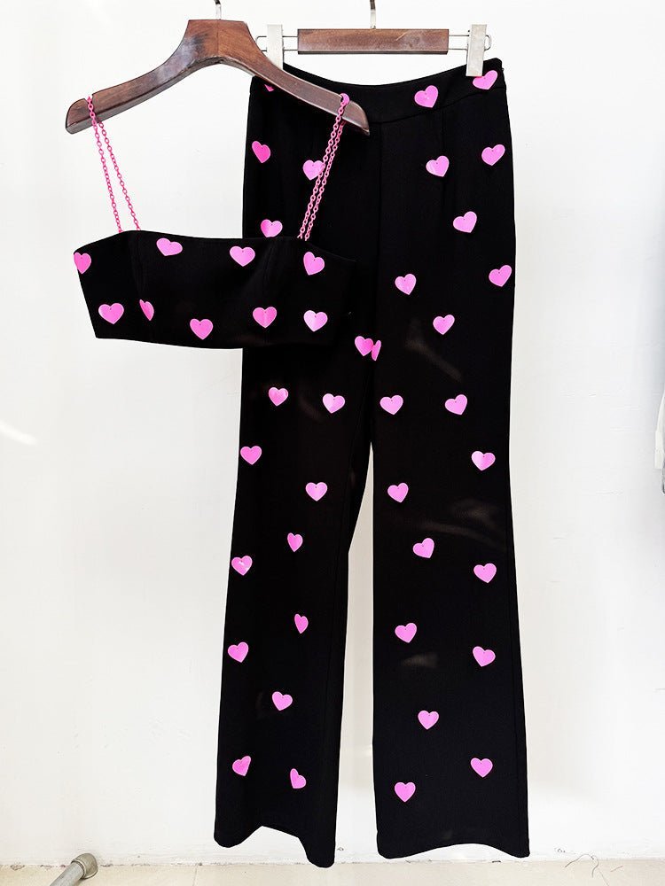 Dylan Top & Pants Set – Cropped Heart Pattern Top – Flared Relaxed Fit Pants – Braided Straps – Bold Contrast Design
