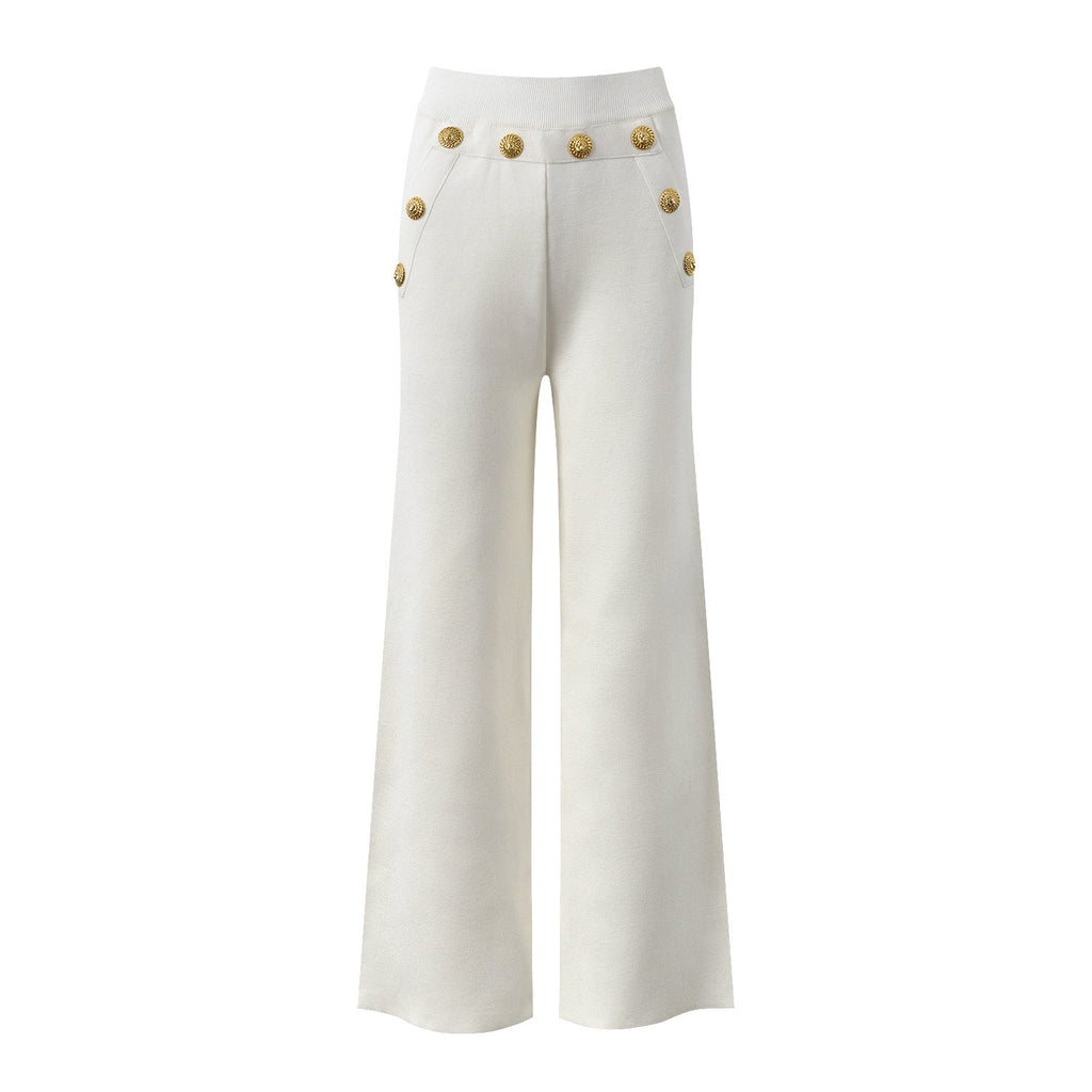 Dylan Trousers – Wide - Leg Silhouette – High Waist – Relaxed Fit – Gold Button Pocket Detail – Lightweight Casual Fabric