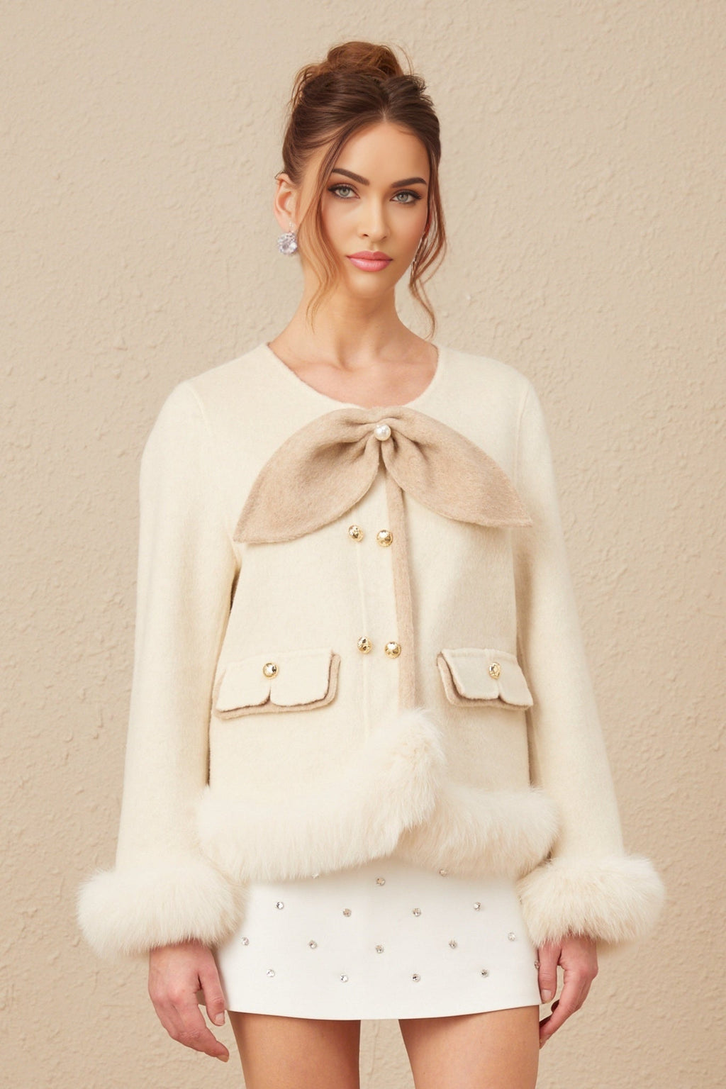 Eden Coat – Collarless – Two - Tone Design – Faux - Fur Trim