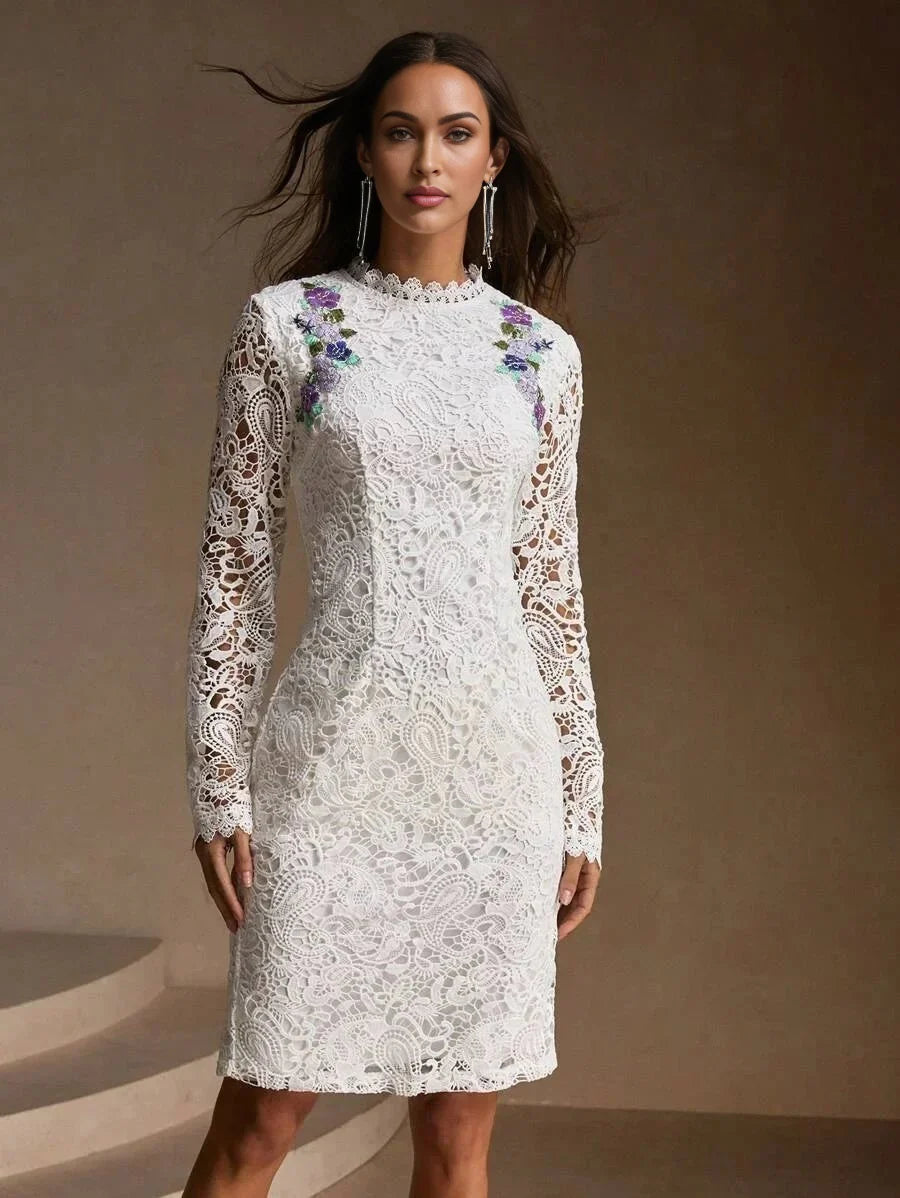 Eden Midi Dress - Stand Collar - Wedding - Regular Sleeve - Elegant - Colorblock Floral - Backless Split Zipper