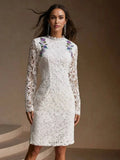 Eden Midi Dress - Stand Collar - Wedding - Regular Sleeve - Elegant - Colorblock Floral - Backless Split Zipper