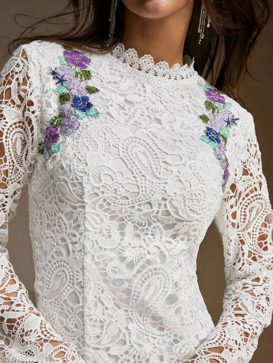 Eden Midi Dress - Stand Collar - Wedding - Regular Sleeve - Elegant - Colorblock Floral - Backless Split Zipper