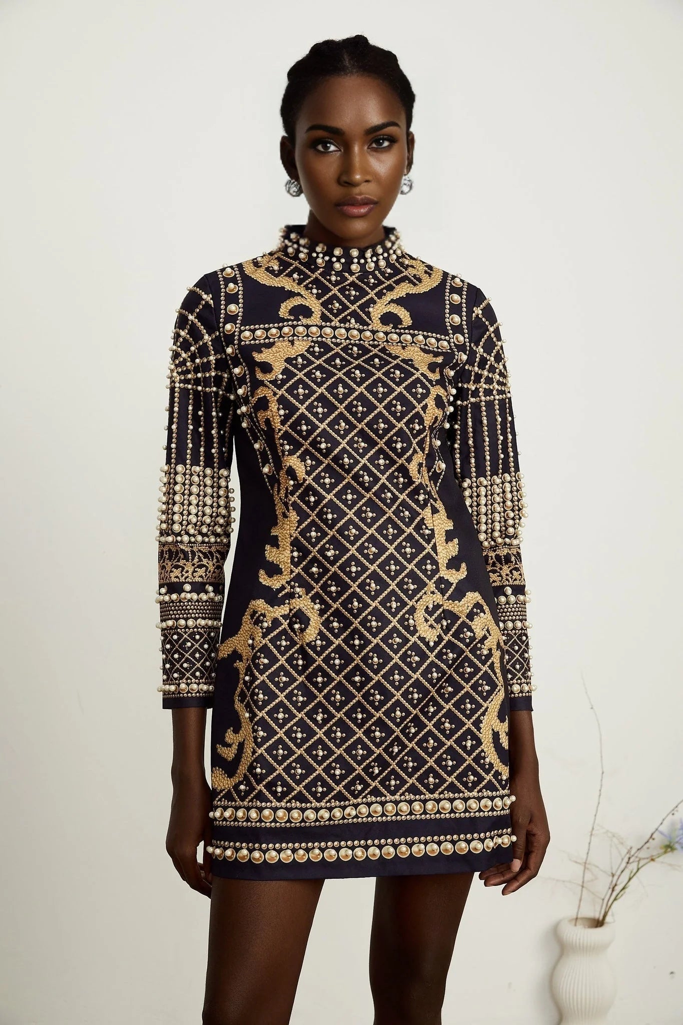 Eden Mini Dress - Long Sleeves - Stand - up Collar - Faux Pearl Embellishment - Graphic Print - Rear Zip Fastening