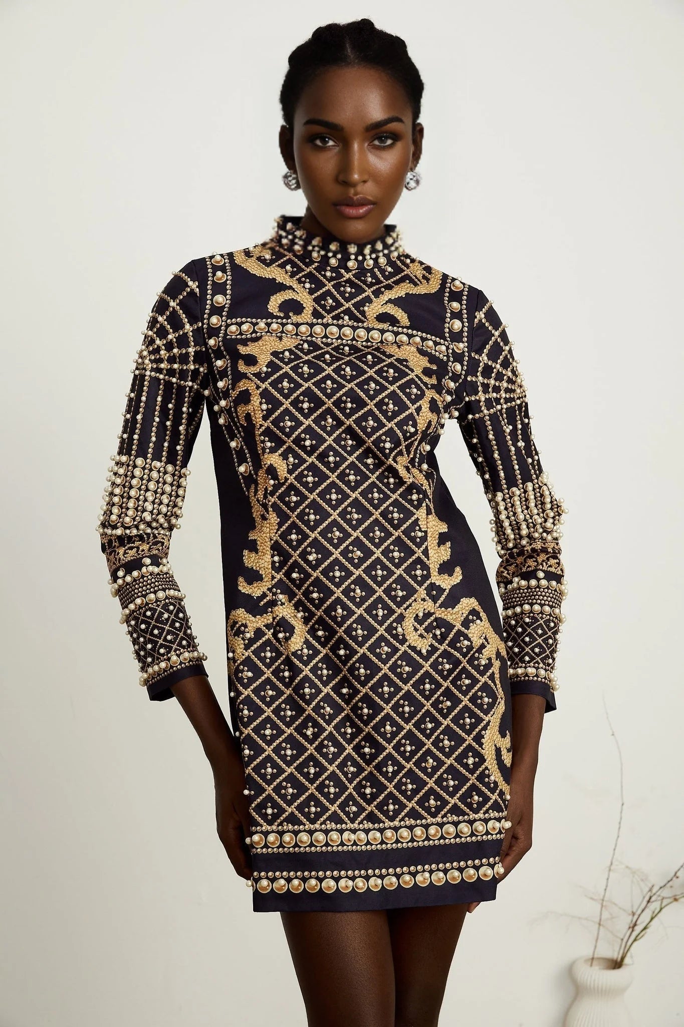 Eden Mini Dress - Long Sleeves - Stand - up Collar - Faux Pearl Embellishment - Graphic Print - Rear Zip Fastening