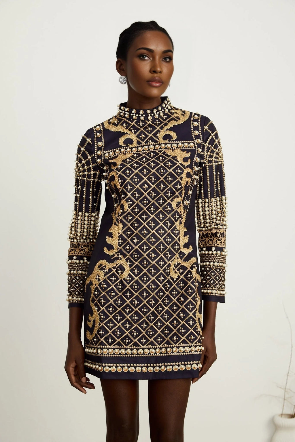 Eden Mini Dress - Long Sleeves - Stand - up Collar - Faux Pearl Embellishment - Graphic Print - Rear Zip Fastening