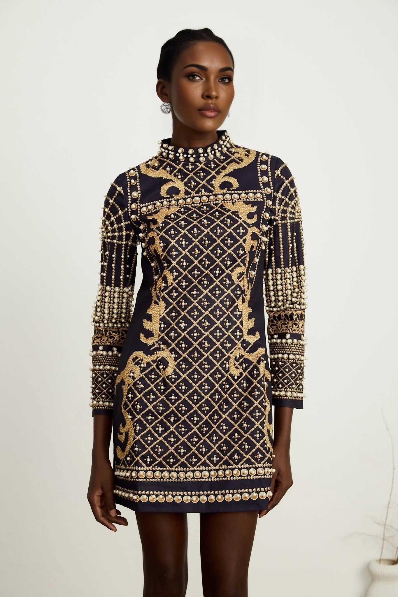 Eden Mini Dress - Long Sleeves - Stand - up Collar - Faux Pearl Embellishment - Graphic Print - Rear Zip Fastening