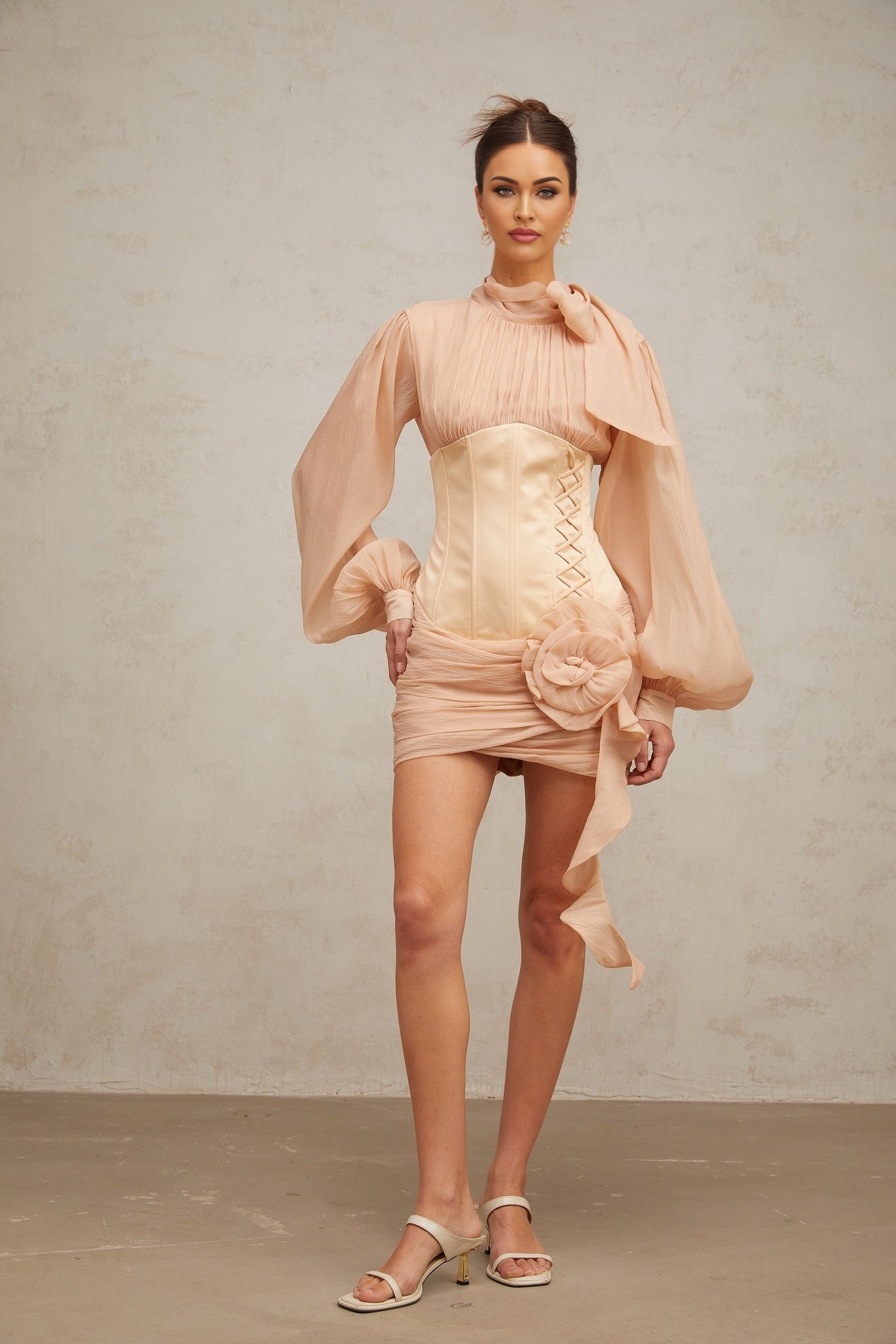 Eden Mini Dress – Ribbon Tie - Neck Detailing – Floral Appliqué – Panelled Design