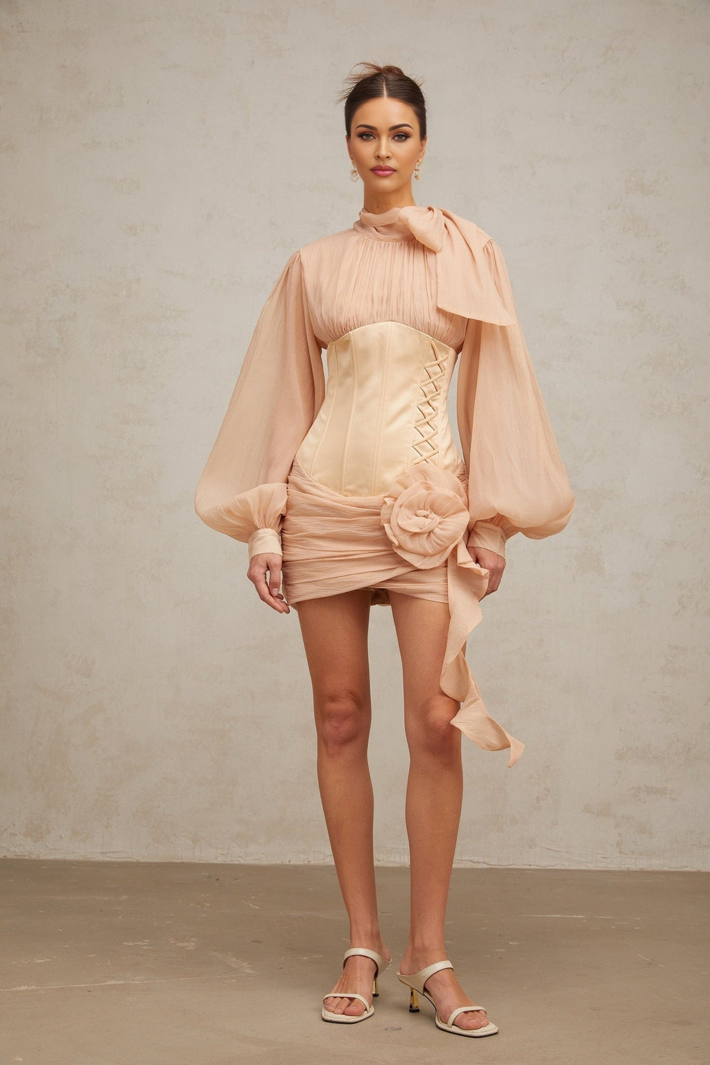 Eden Mini Dress – Ribbon Tie - Neck Detailing – Floral Appliqué – Panelled Design