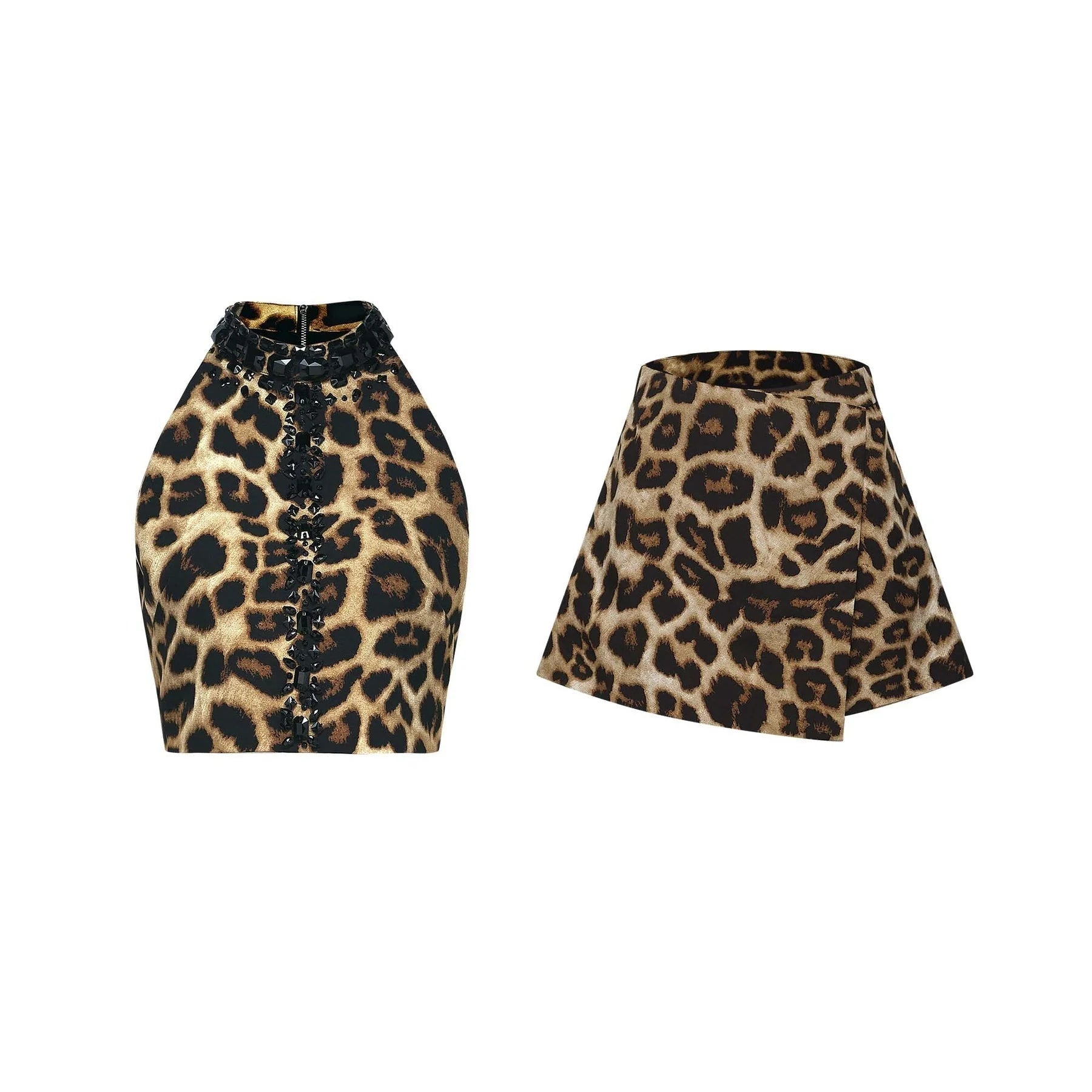 Eden Skirt & Top Set - Crystal Embellished Halterneck Top - Leopard Cropped Top - Irregular Hem Culotte Skirt