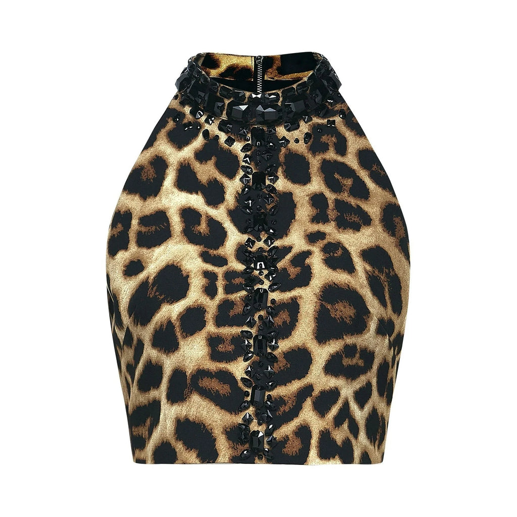 Eden Skirt & Top Set - Crystal Embellished Halterneck Top - Leopard Cropped Top - Irregular Hem Culotte Skirt