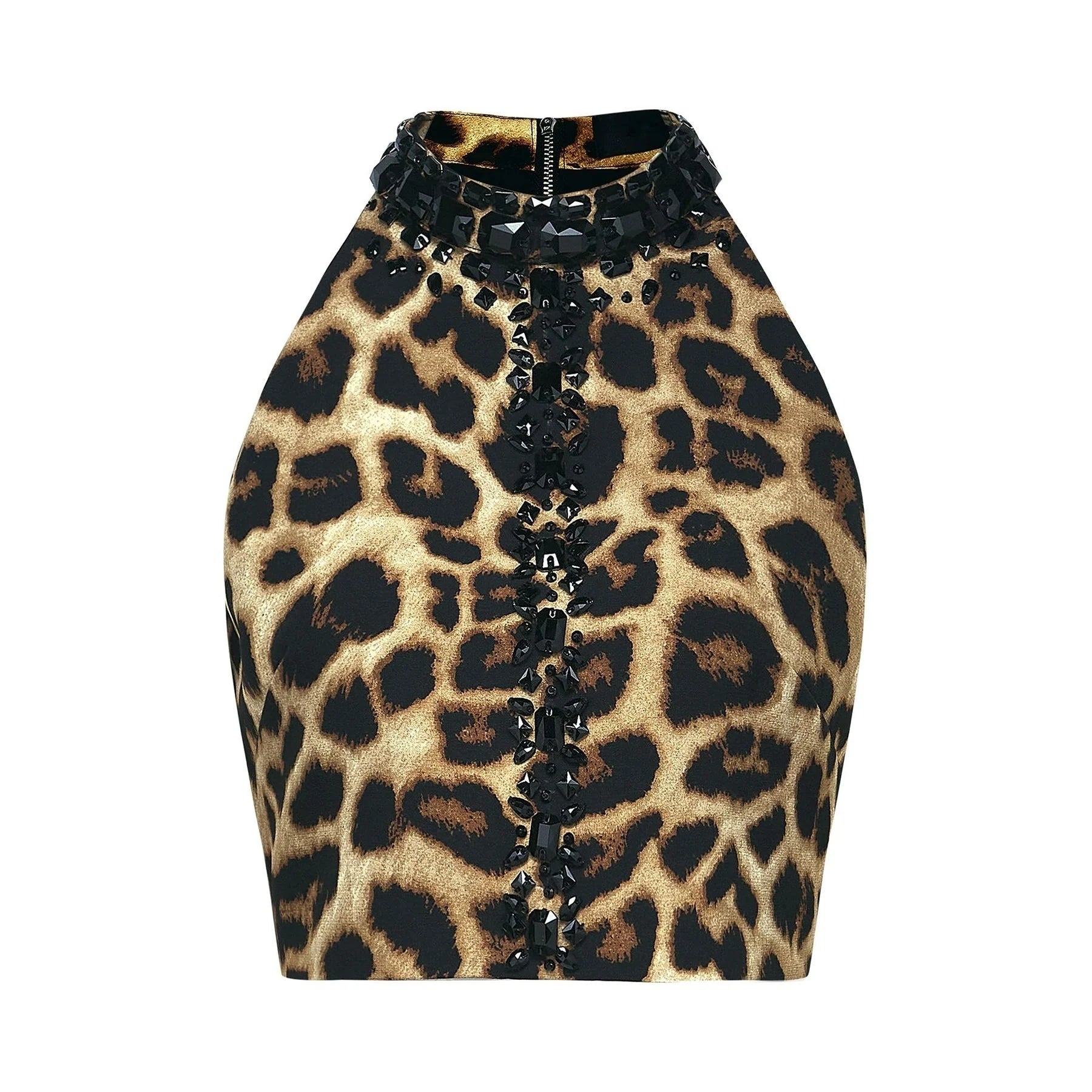 Eden Skirt & Top Set - Crystal Embellished Halterneck Top - Leopard Cropped Top - Irregular Hem Culotte Skirt