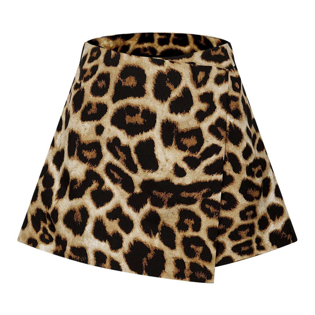 Eden Skirt & Top Set - Crystal Embellished Halterneck Top - Leopard Cropped Top - Irregular Hem Culotte Skirt