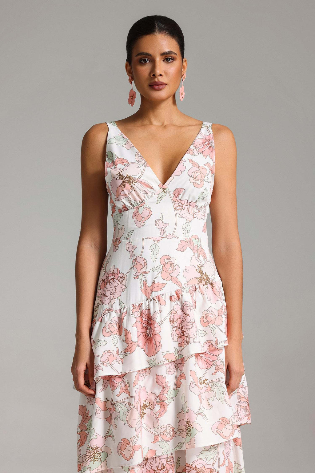 Eden White Floral Layered Maxi Dress V-neckline Lightweight Fabric