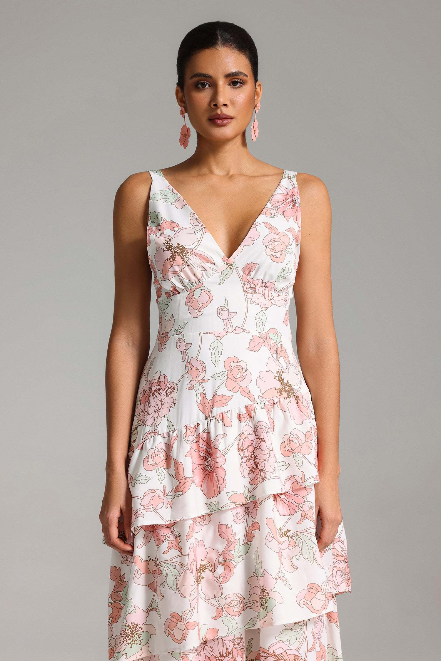 Eden White Floral Layered Maxi Dress V-neckline Lightweight Fabric