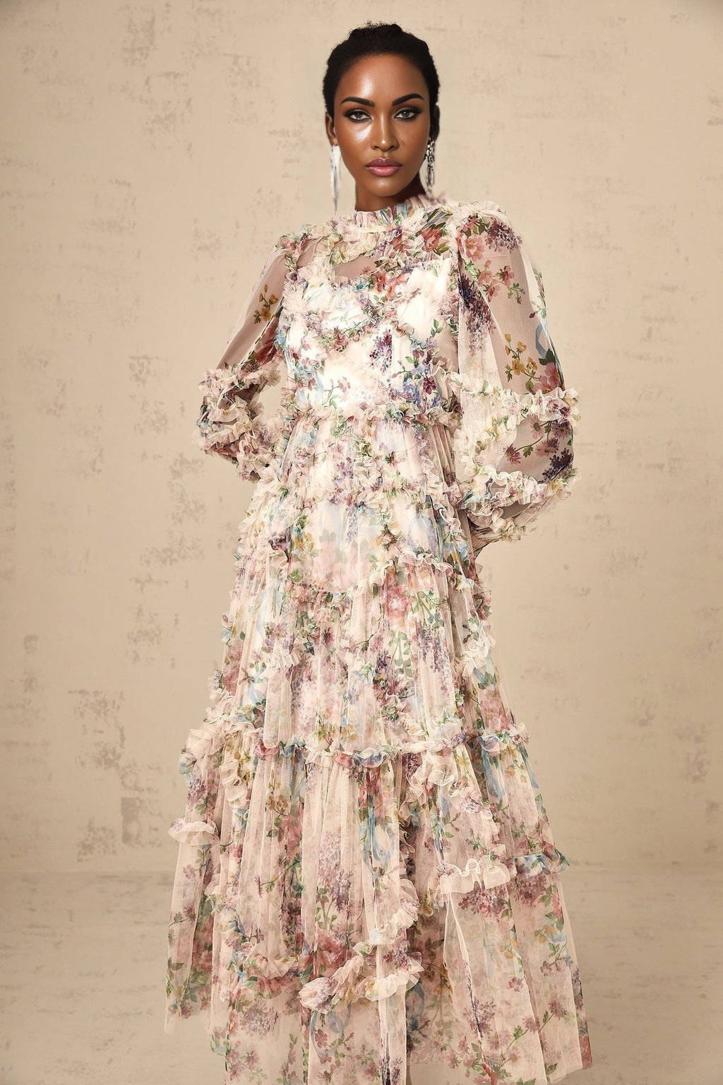 Edvige Midi Dress – Crew Neck – Long Sleeves – Floral Print