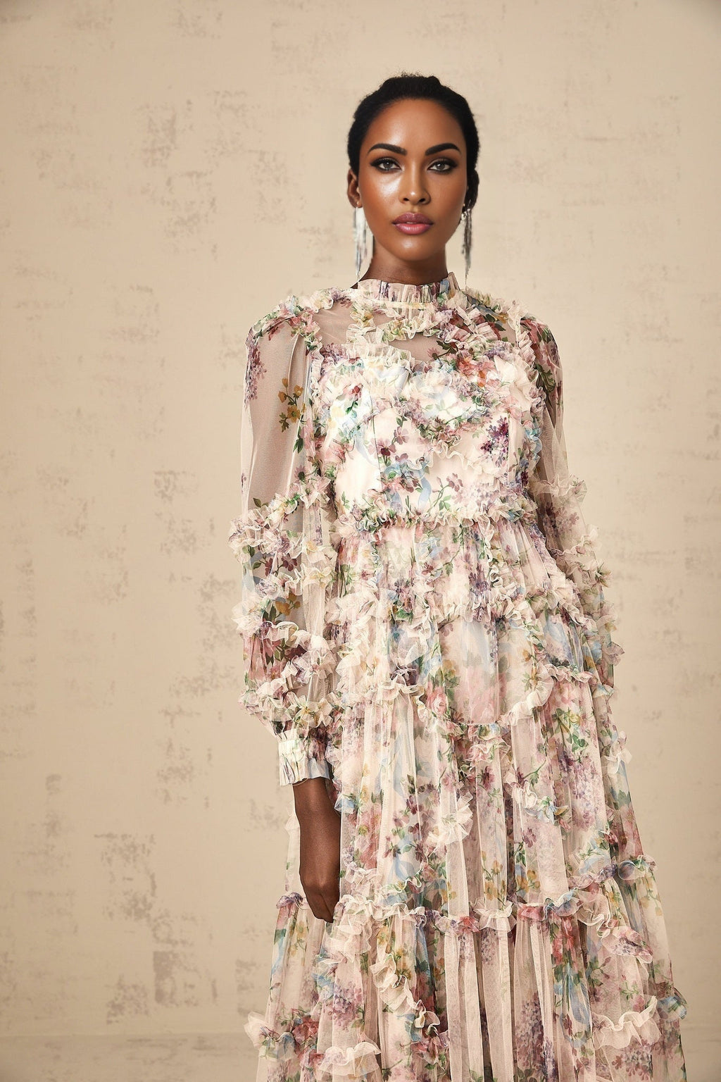 Edvige Midi Dress – Crew Neck – Long Sleeves – Floral Print