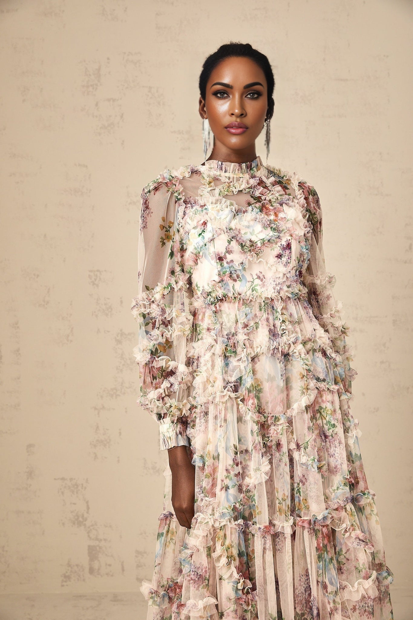 Edvige Midi Dress – Crew Neck – Long Sleeves – Floral Print