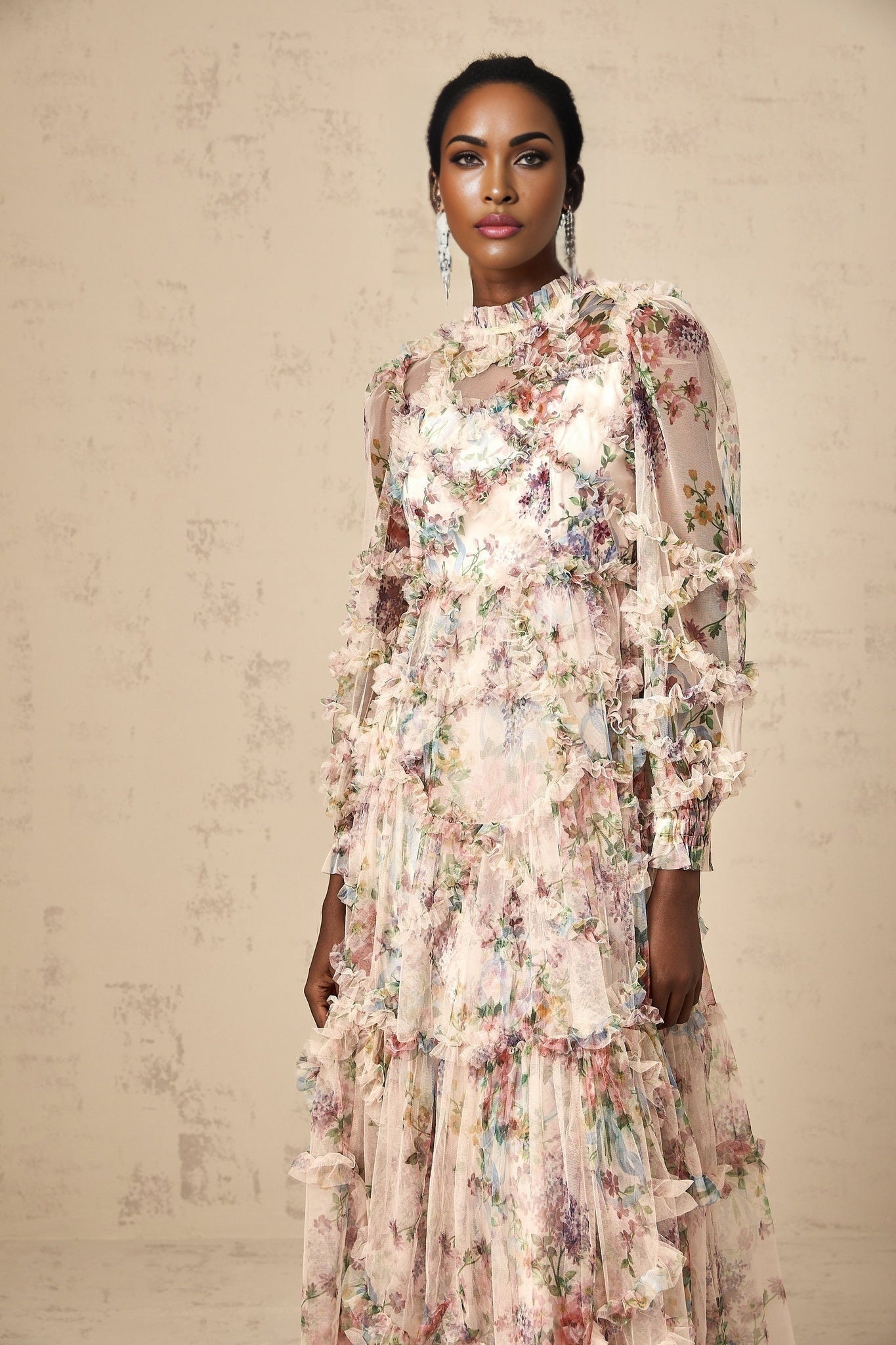 Edvige Midi Dress – Crew Neck – Long Sleeves – Floral Print