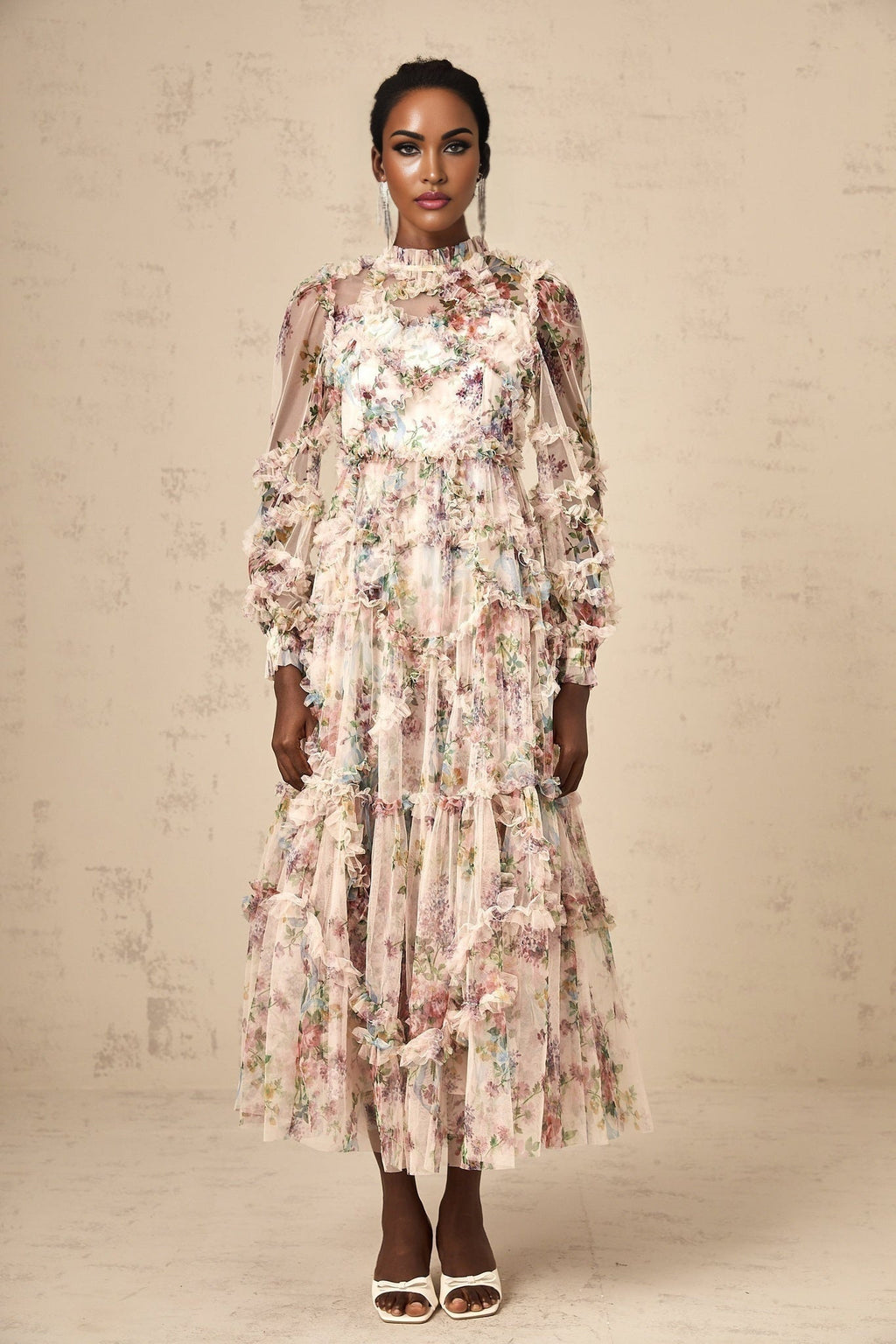 Edvige Midi Dress – Crew Neck – Long Sleeves – Floral Print