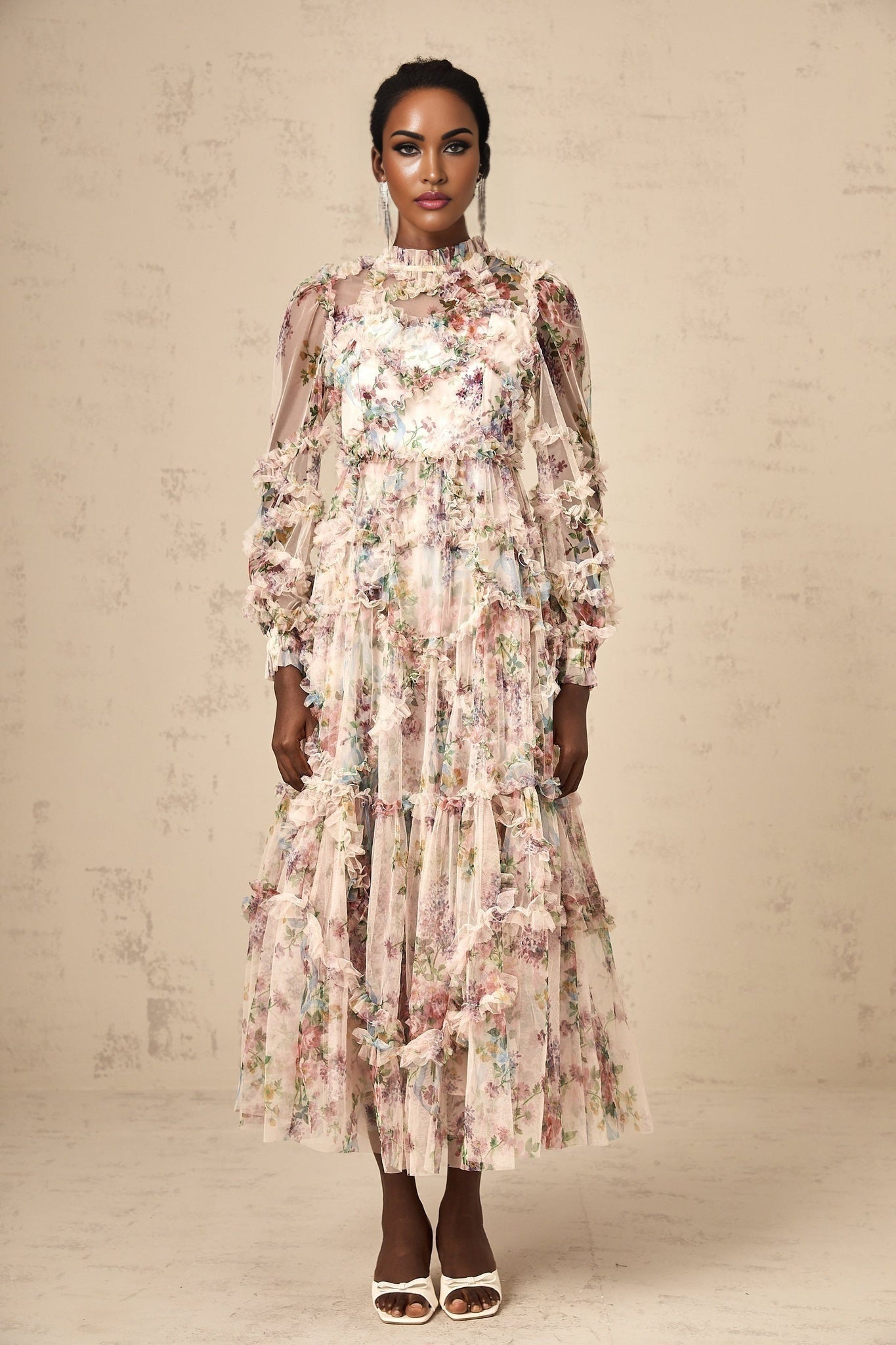 Edvige Midi Dress – Crew Neck – Long Sleeves – Floral Print