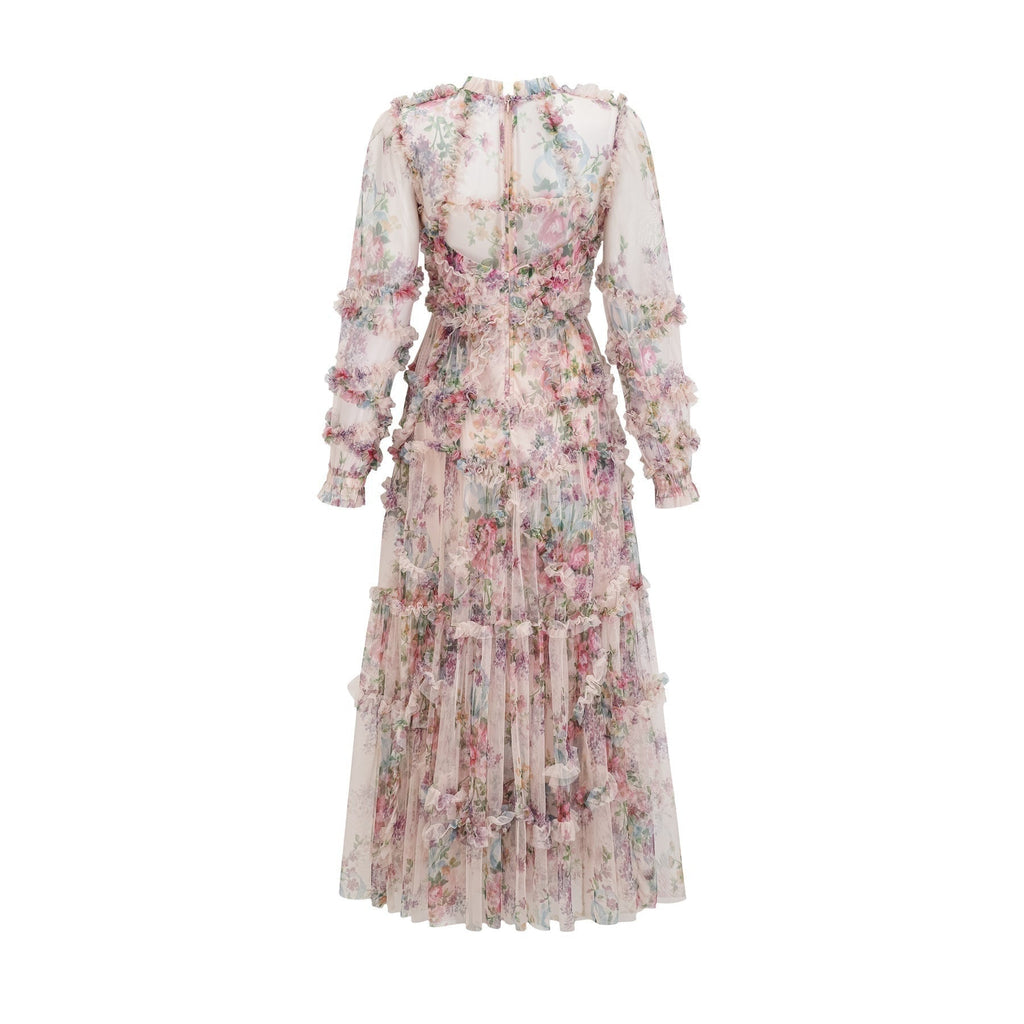Edvige Midi Dress – Crew Neck – Long Sleeves – Floral Print