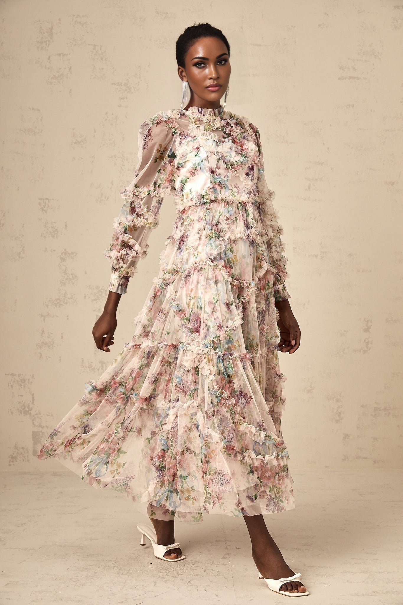 Edvige Midi Dress – Crew Neck – Long Sleeves – Floral Print