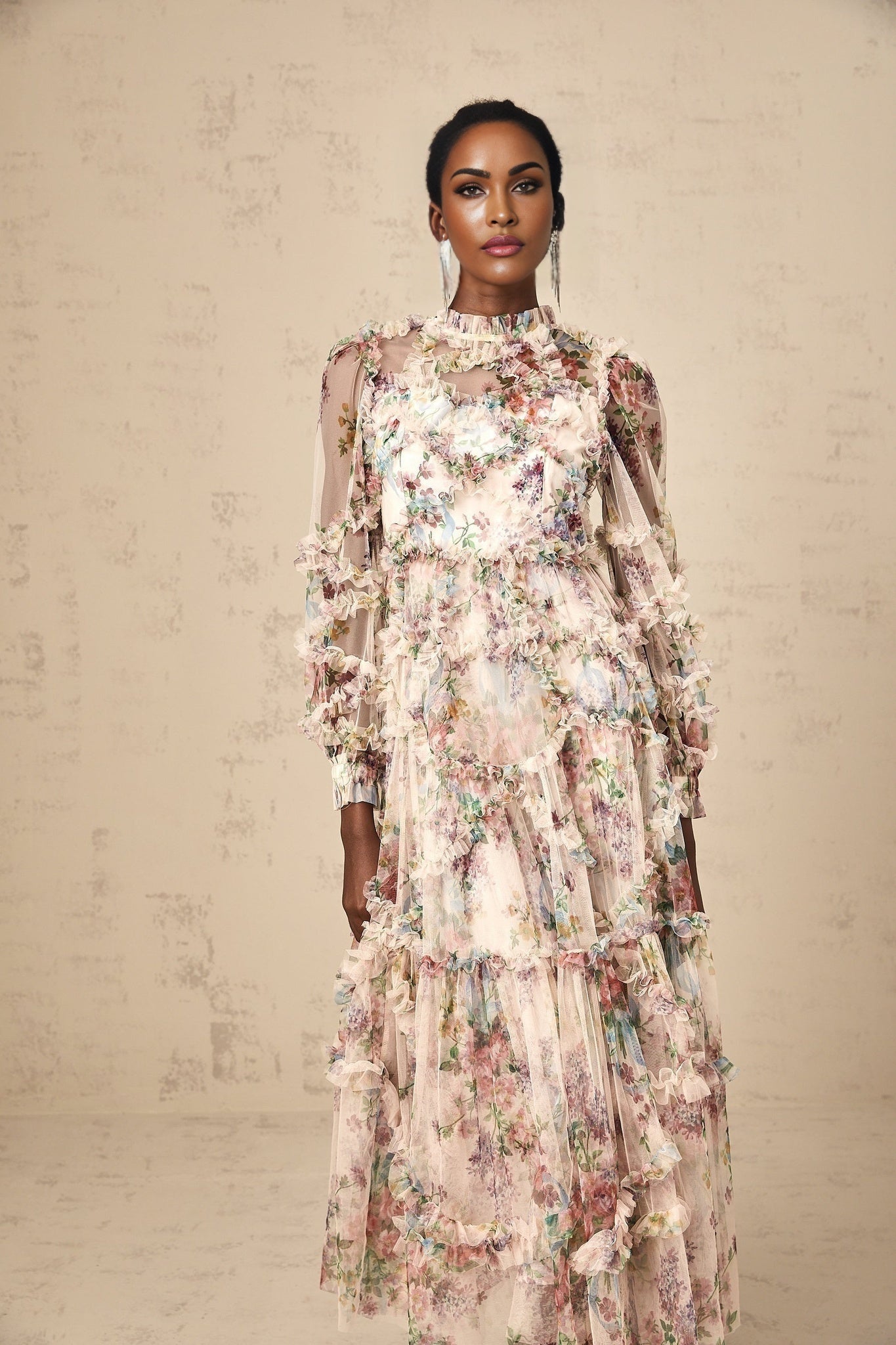 Edvige Midi Dress – Crew Neck – Long Sleeves – Floral Print