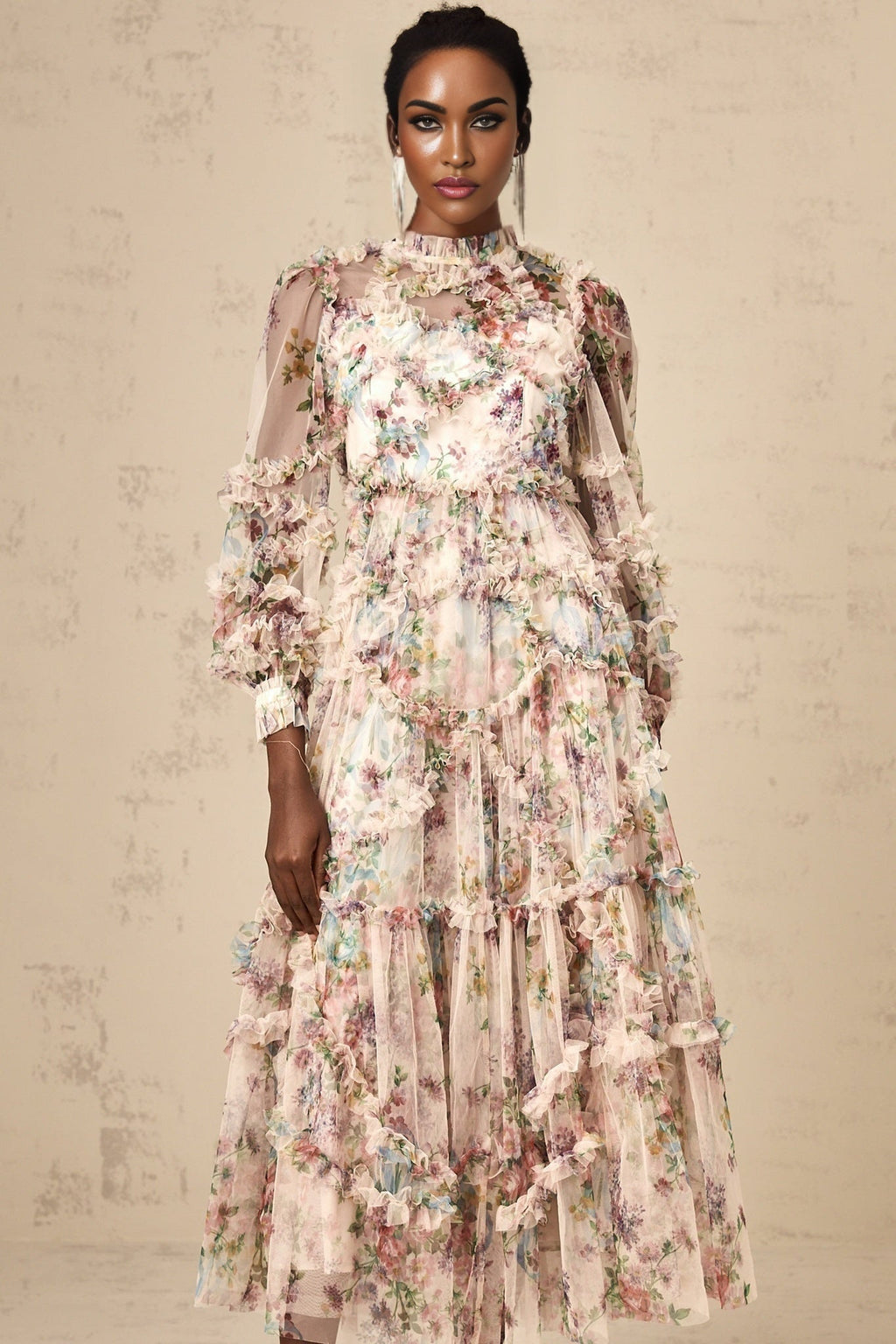 Edvige Midi Dress – Crew Neck – Long Sleeves – Floral Print