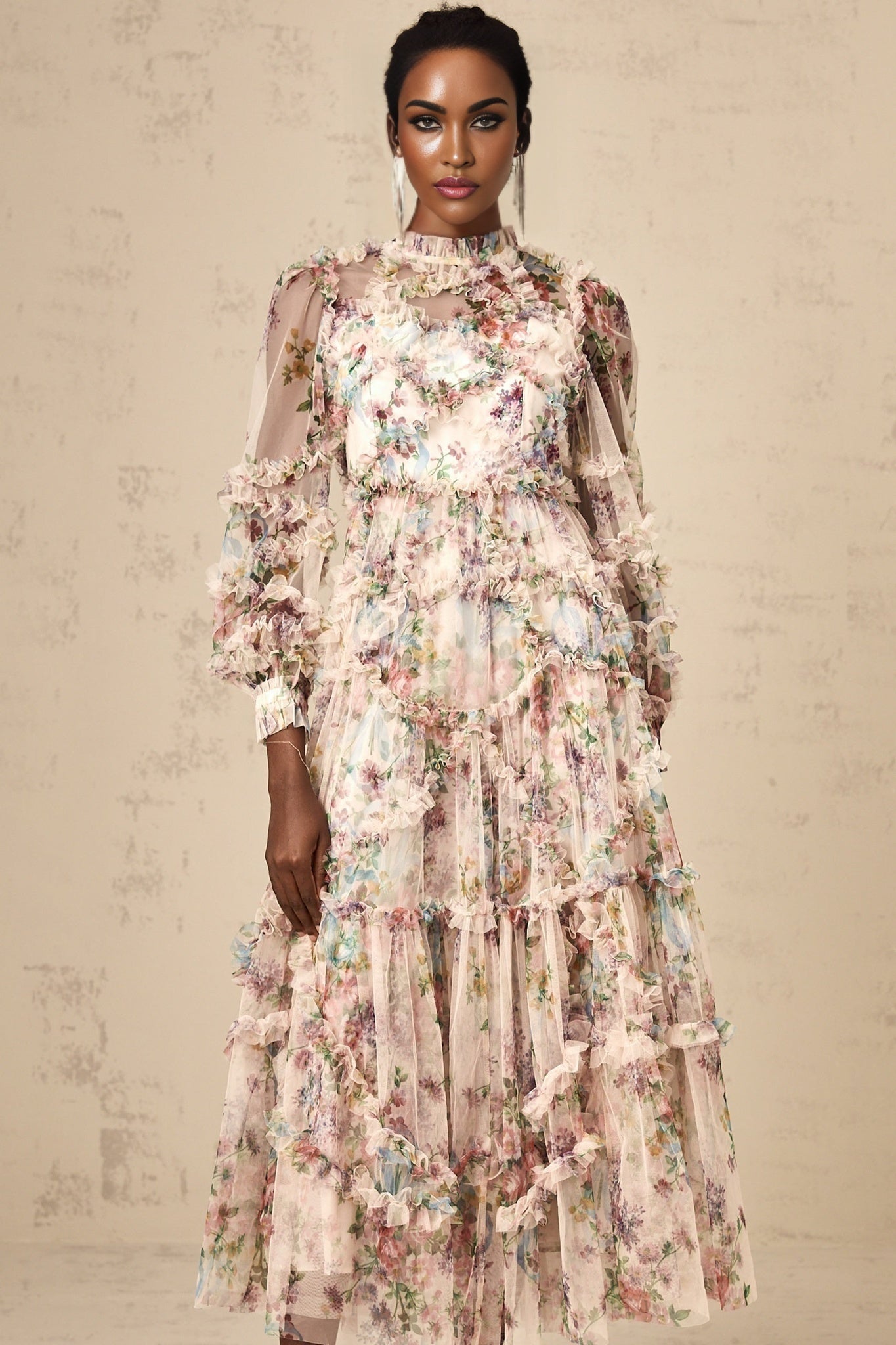Edvige Midi Dress – Crew Neck – Long Sleeves – Floral Print