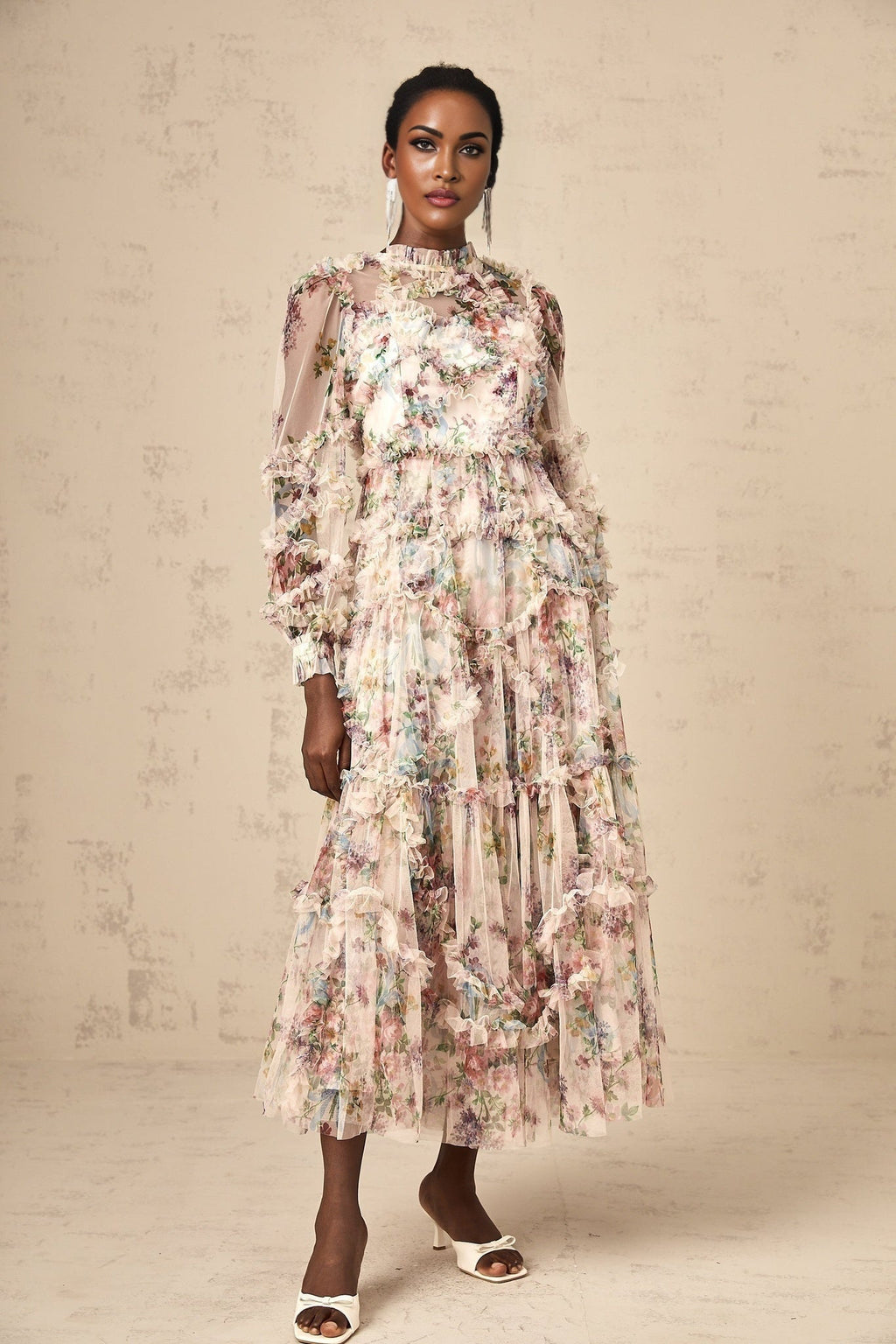 Edvige Midi Dress – Crew Neck – Long Sleeves – Floral Print