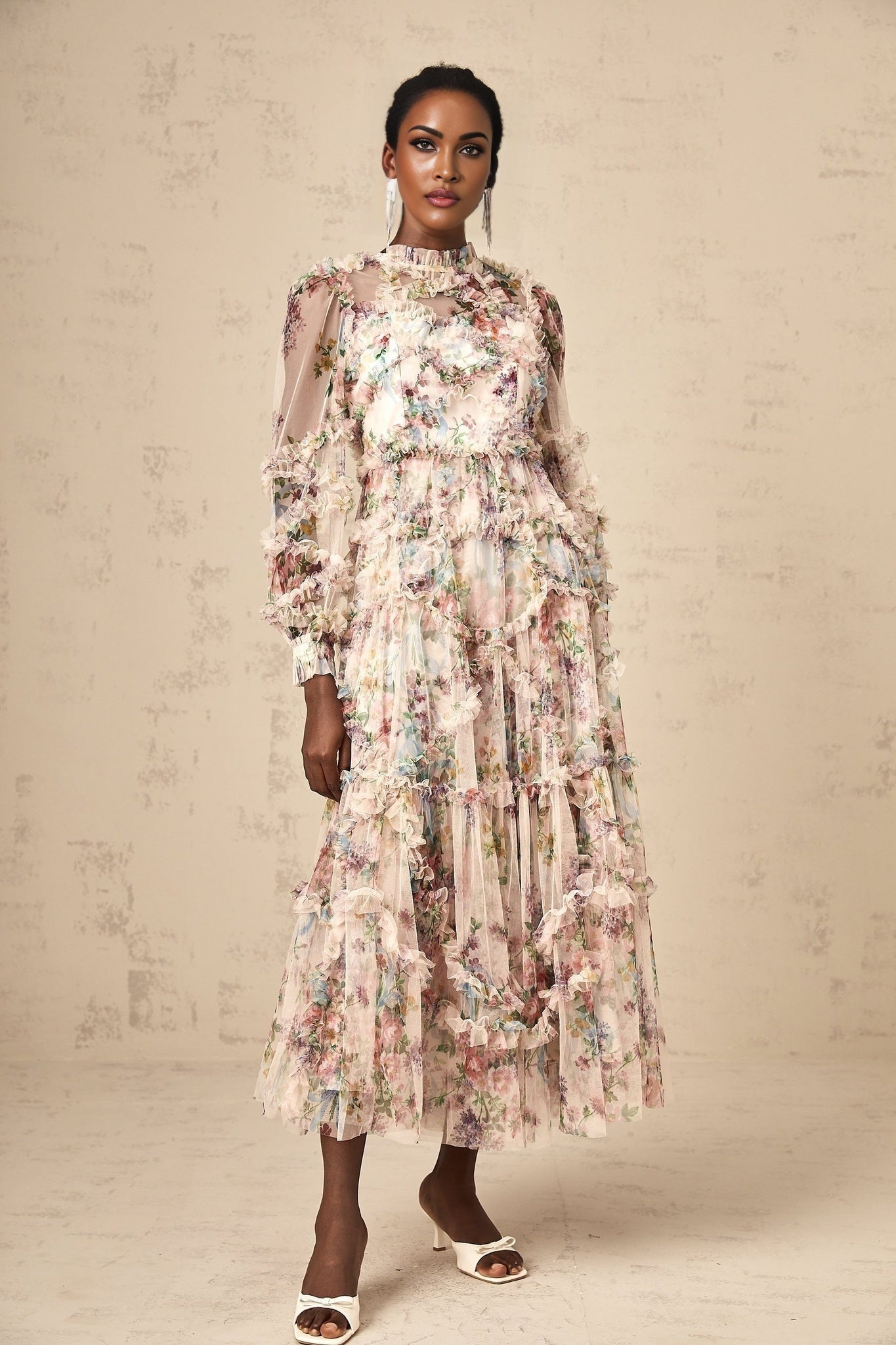 Edvige Midi Dress – Crew Neck – Long Sleeves – Floral Print