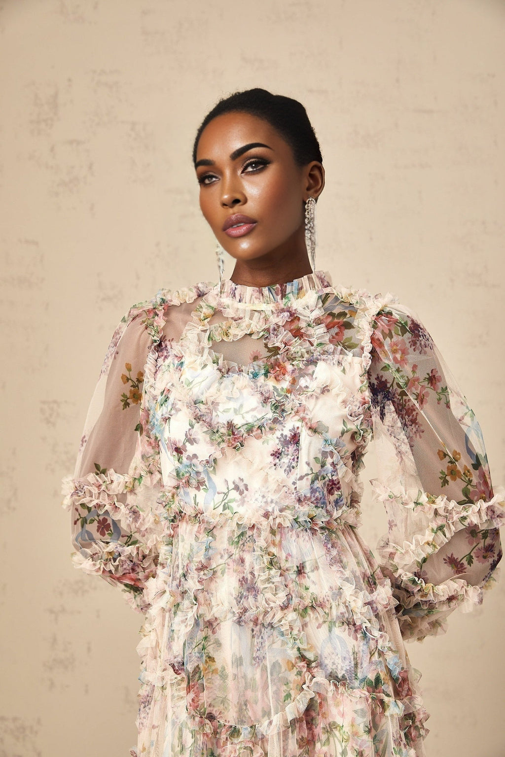 Edvige Midi Dress – Crew Neck – Long Sleeves – Floral Print