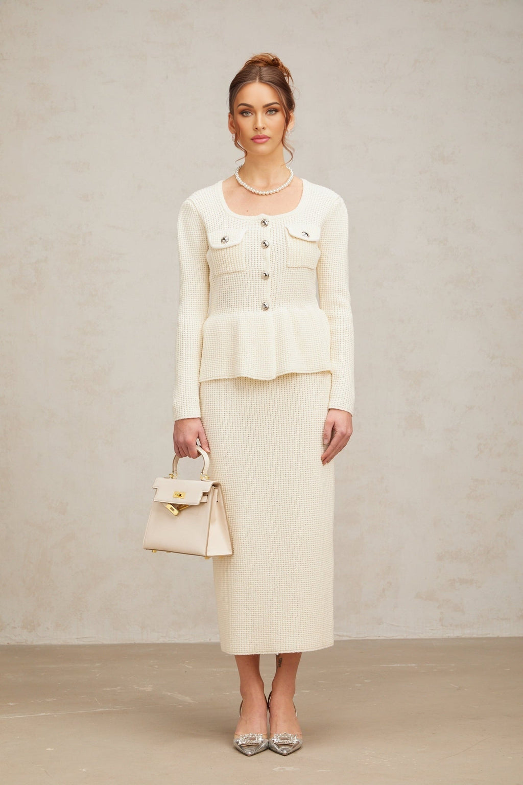 Edvige Top & Skirt Set - Square Neck - Peplum Waist - Embossed Buttons - Knitted Construction - Slip - On Style