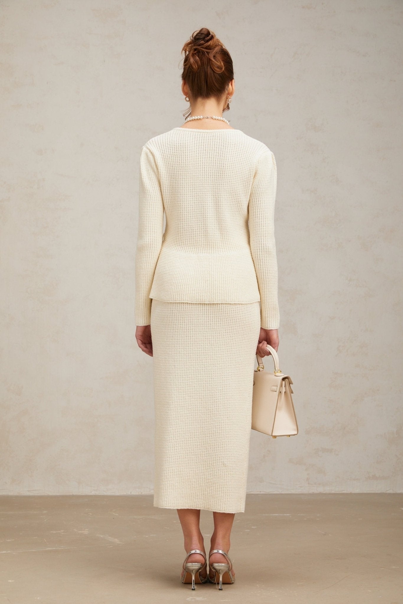 Edvige Top & Skirt Set - Square Neck - Peplum Waist - Embossed Buttons - Knitted Construction - Slip - On Style