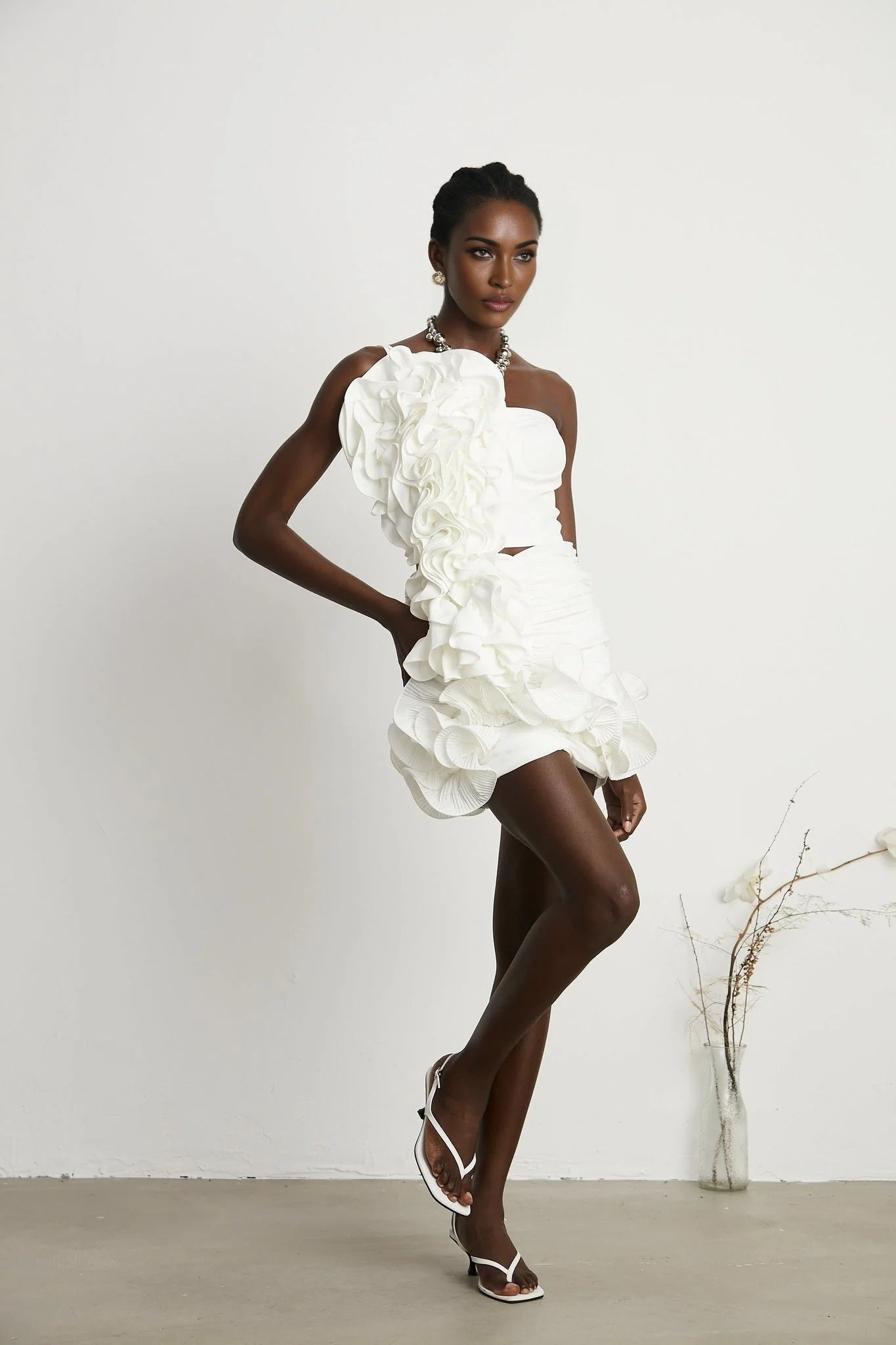 Egle Mini Dress - Ruffled and Ruched Detailing - High - waisted - Asymmetric Design