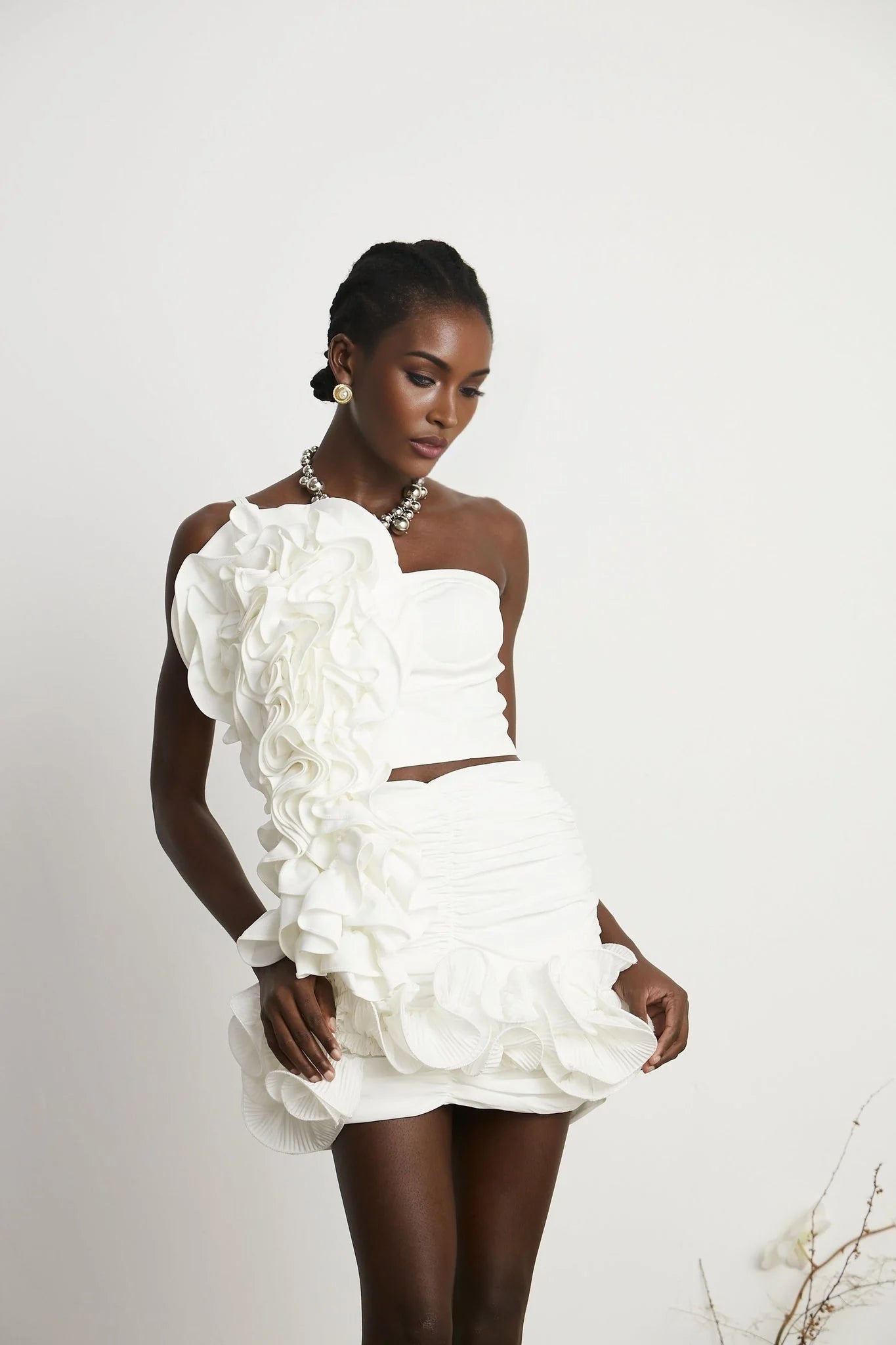Egle Mini Dress - Ruffled and Ruched Detailing - High - waisted - Asymmetric Design