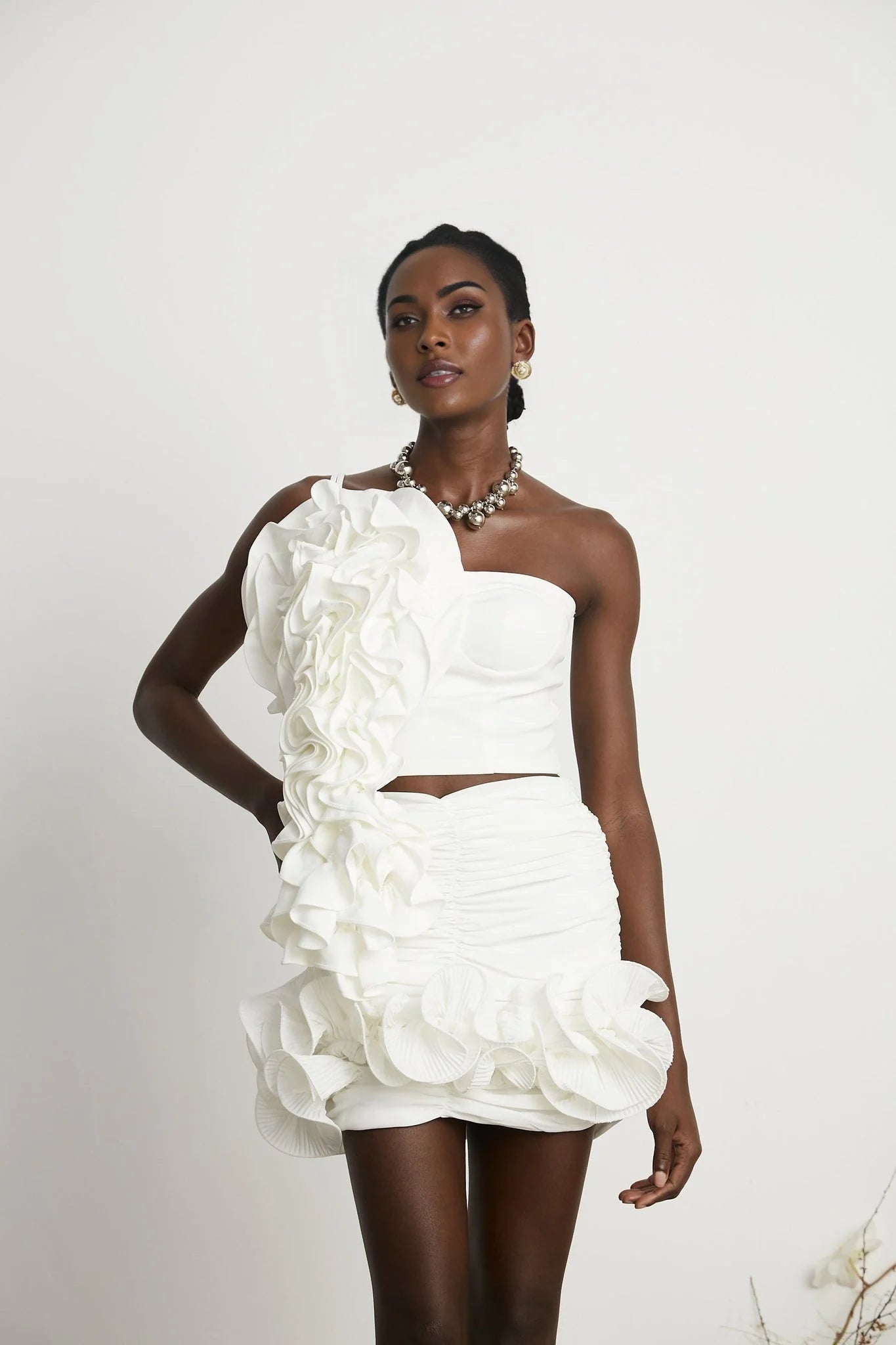 Egle Mini Dress - Ruffled and Ruched Detailing - High - waisted - Asymmetric Design
