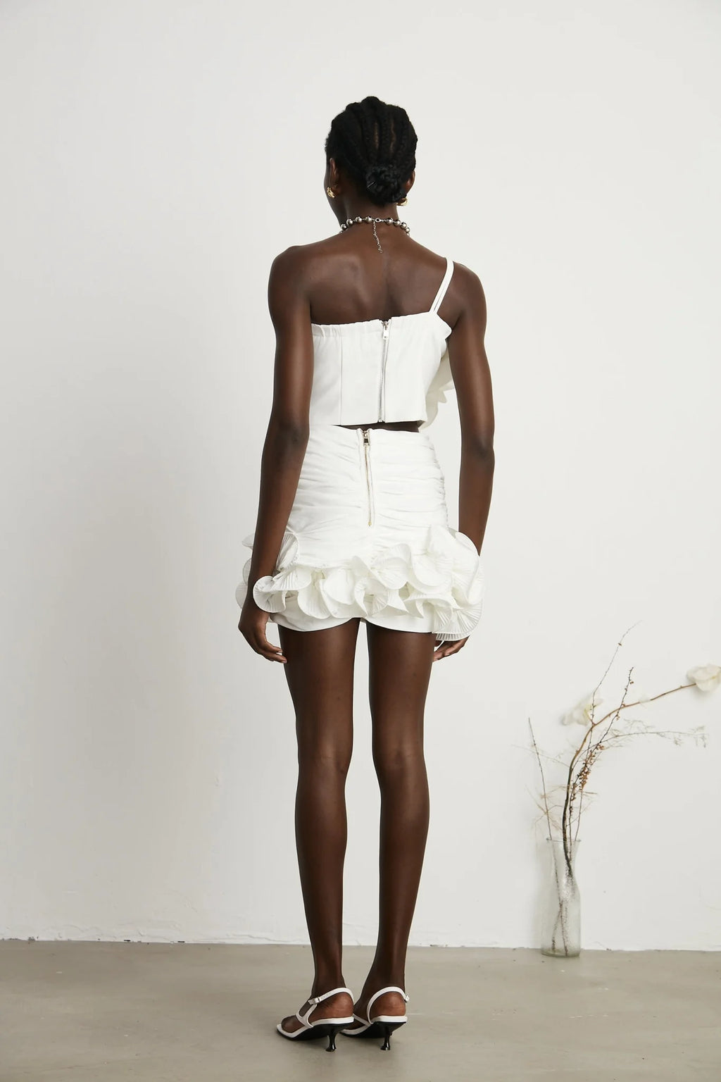 Egle Mini Dress - Ruffled and Ruched Detailing - High - waisted - Asymmetric Design