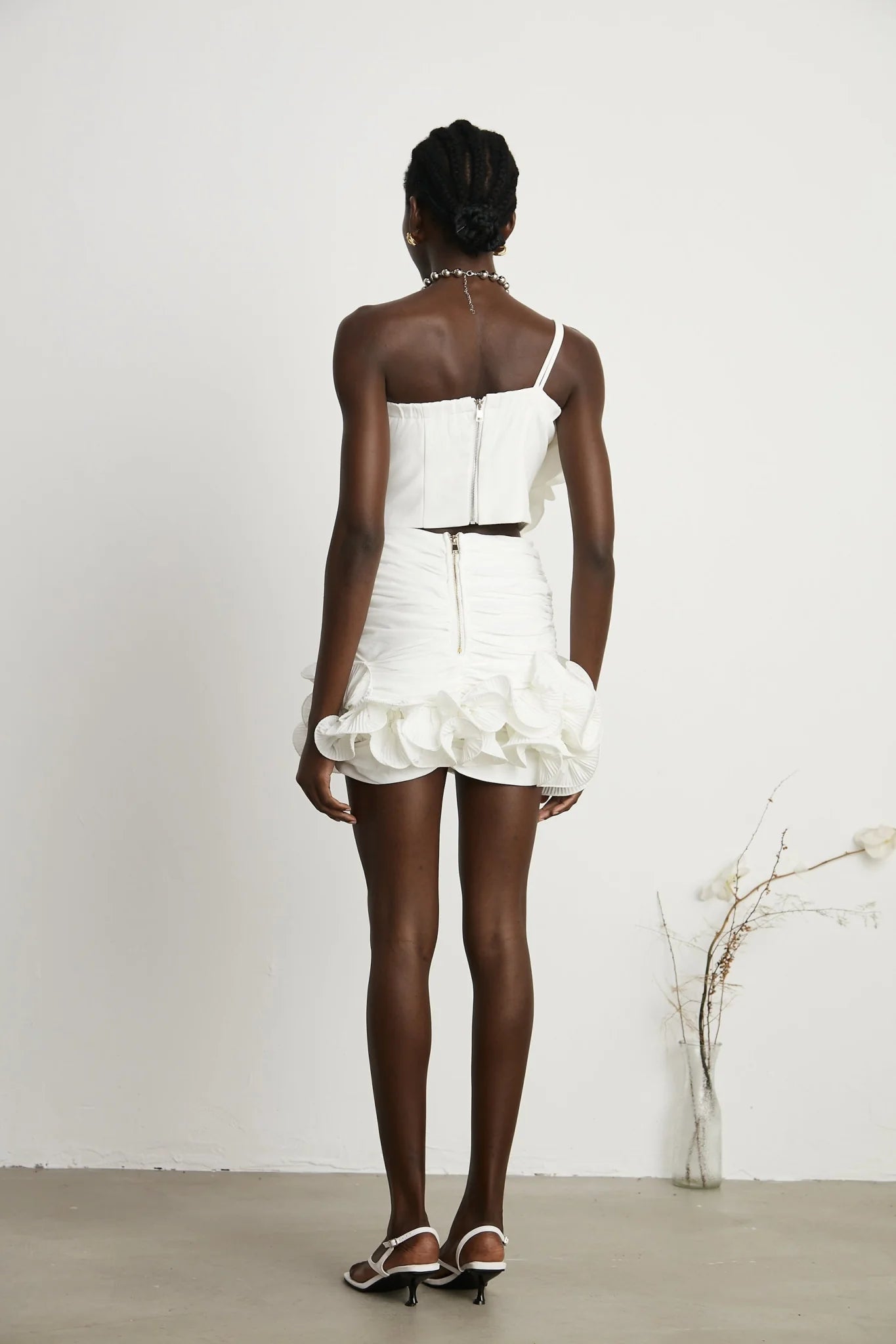 Egle Mini Dress - Ruffled and Ruched Detailing - High - waisted - Asymmetric Design