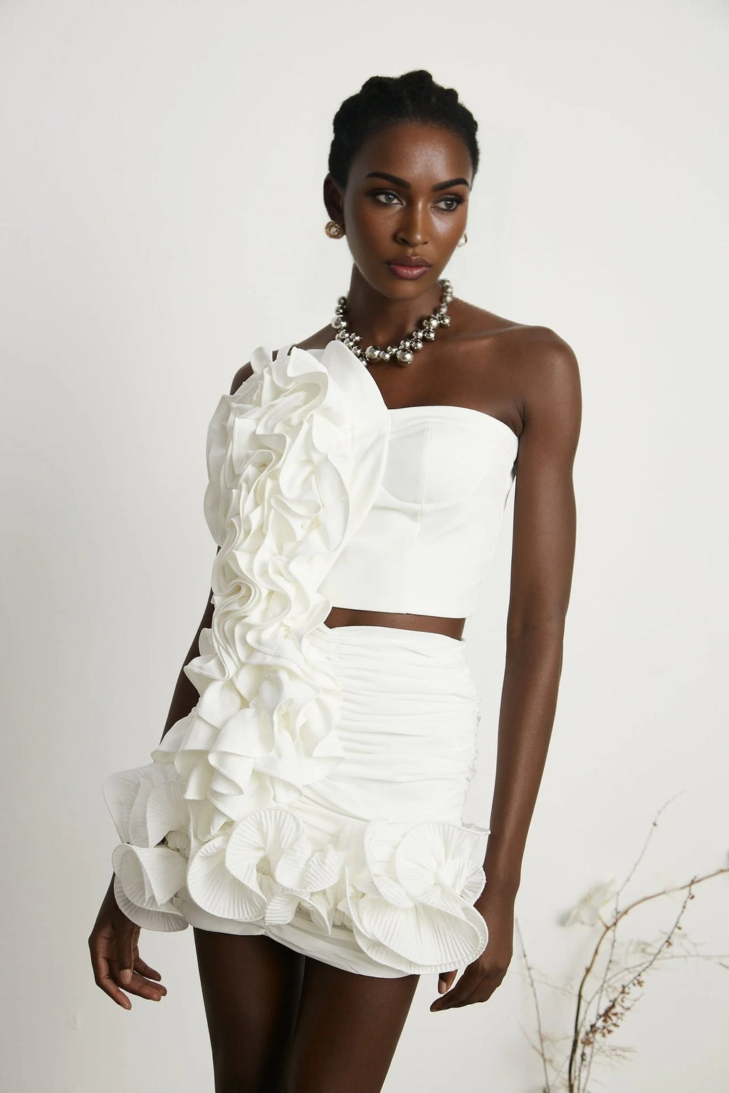 Egle Mini Dress - Ruffled and Ruched Detailing - High - waisted - Asymmetric Design