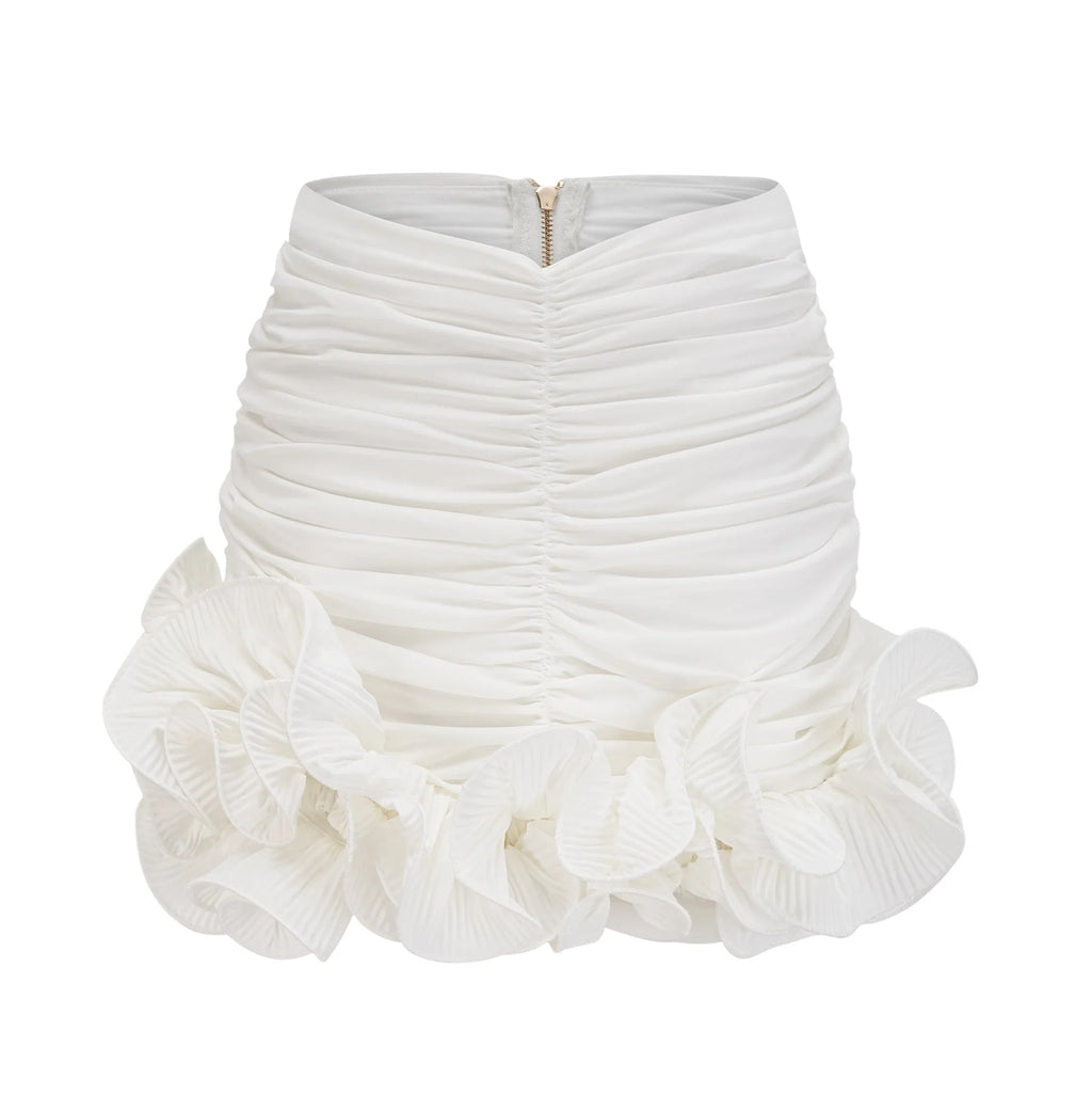 Egle Mini Dress - Ruffled and Ruched Detailing - High - waisted - Asymmetric Design